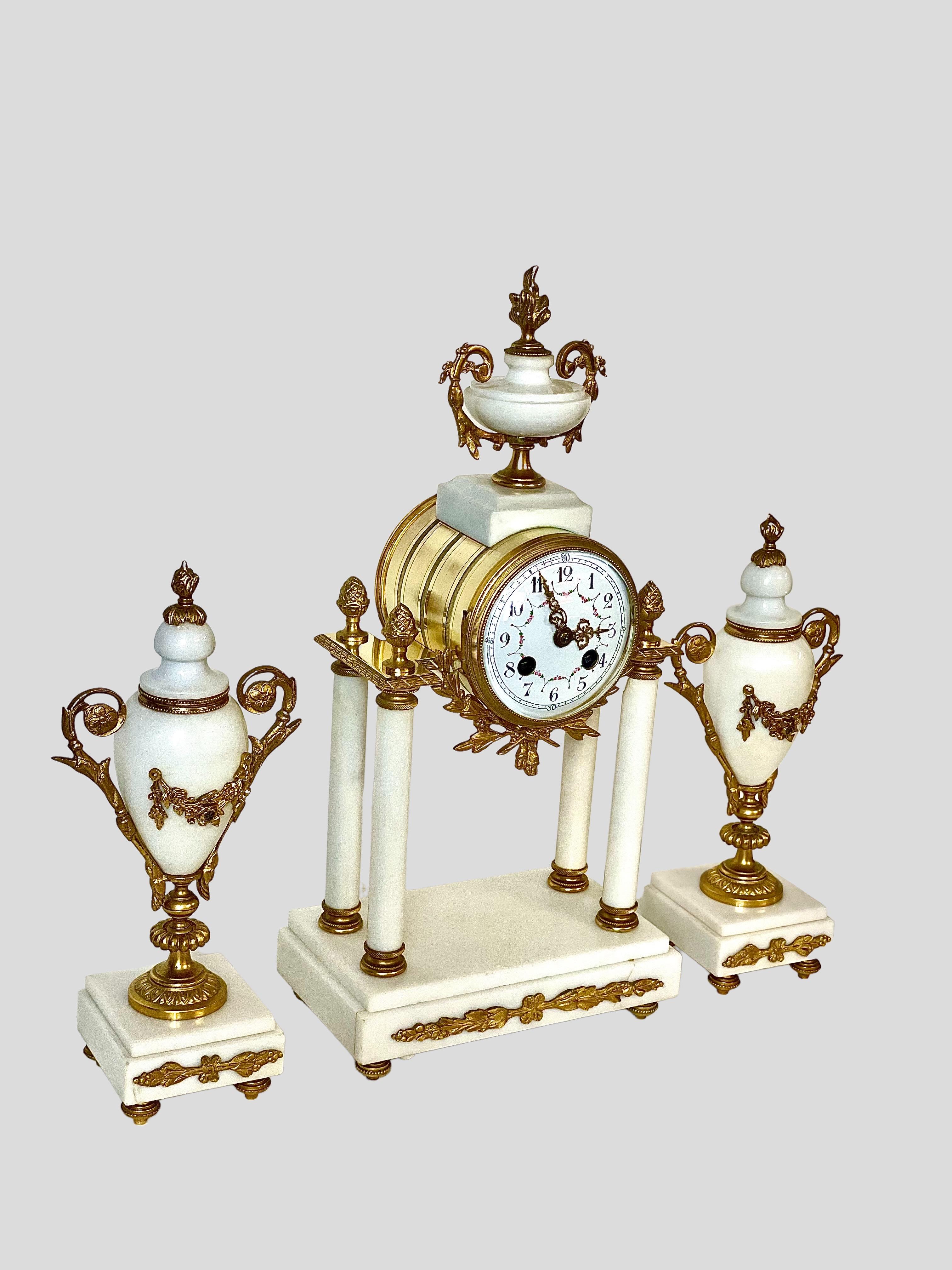 Louis XVI White Marble and Ormolu Portico Mantle Clock For Sale
