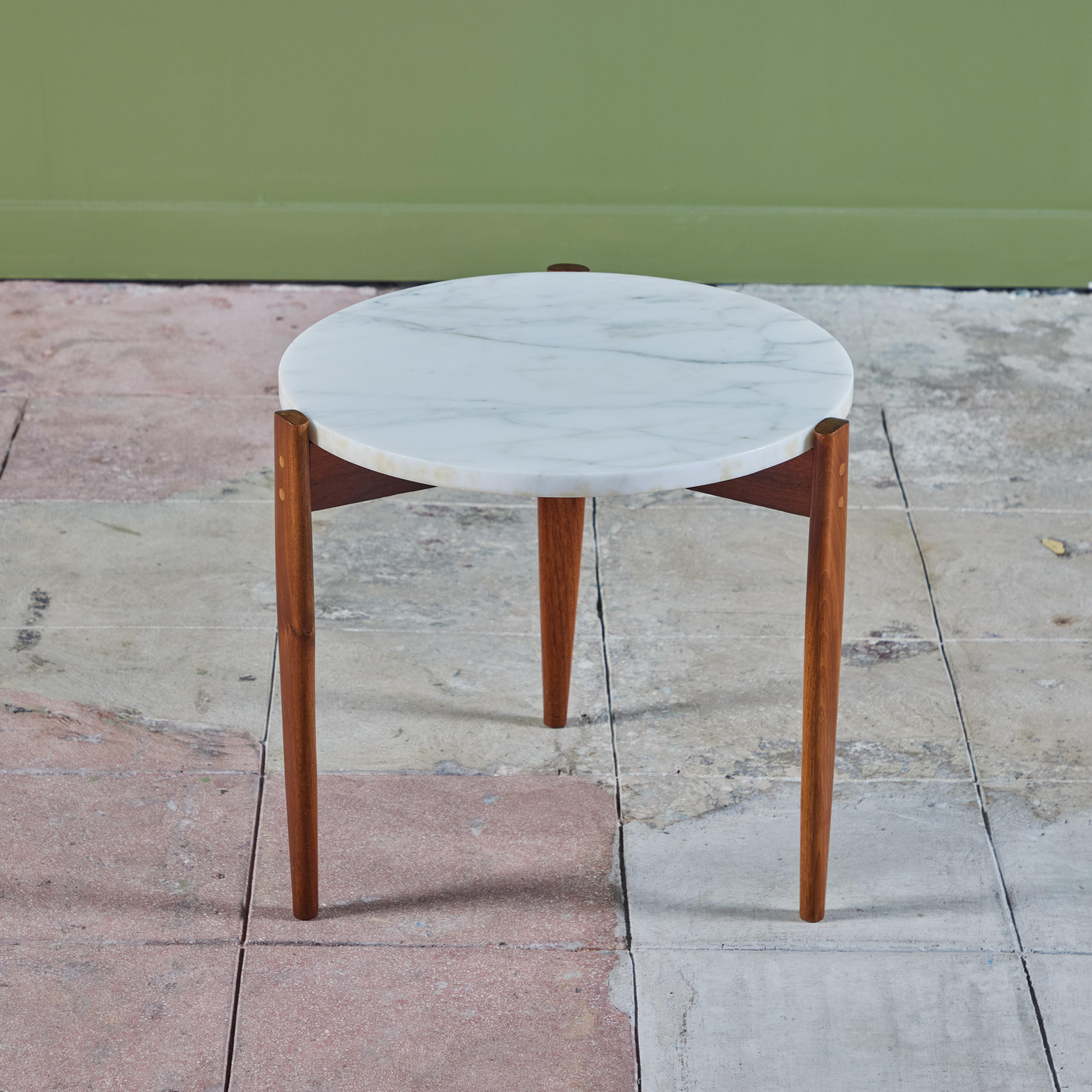 Mid-Century Modern White Marble and Walnut Tripod Side Table