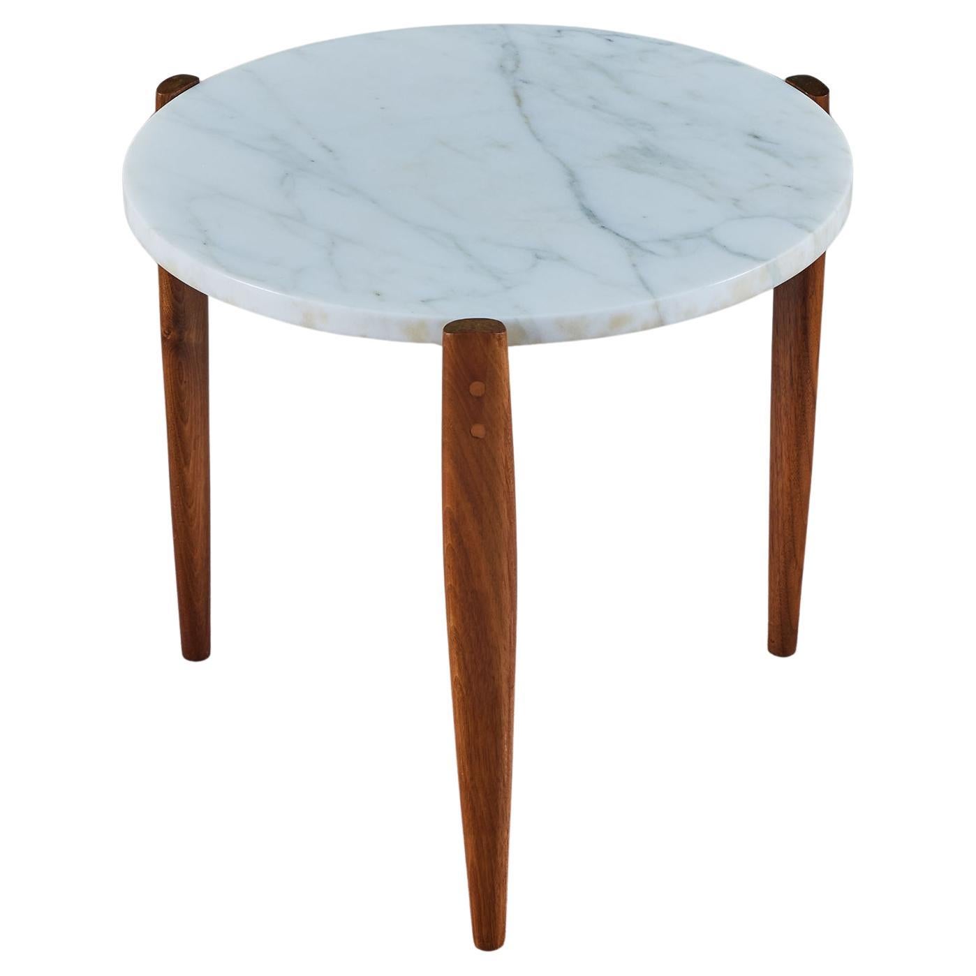 White Marble and Walnut Tripod Side Table