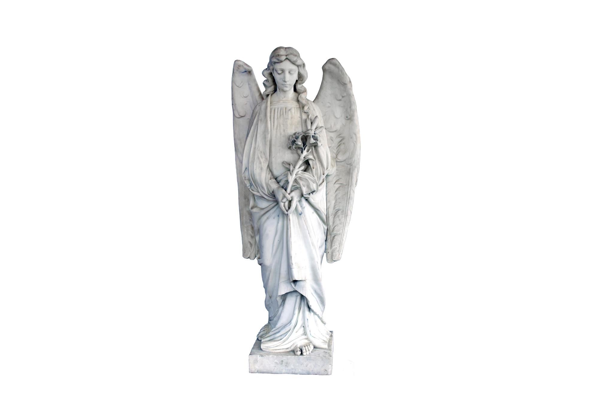 This is a very beautiful angel made by marble. The angel is in an excellent condition and very detailed.
The influence from the artist is Art Nouveau because of the hair from the angel.
If you have a look on the flower or the finger of the angel,