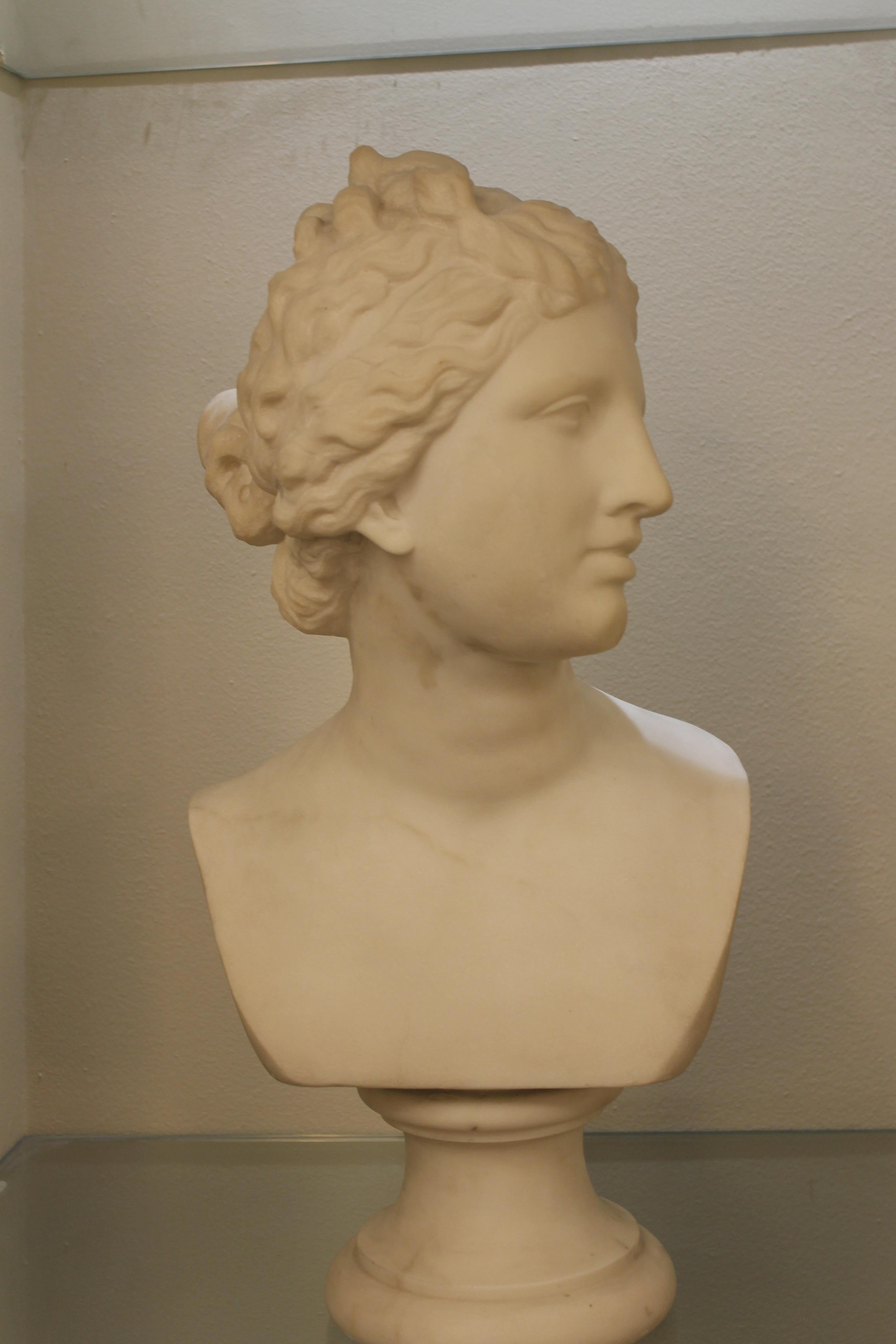 French White Marble Bust De Carrare, 19th, Signed Girard