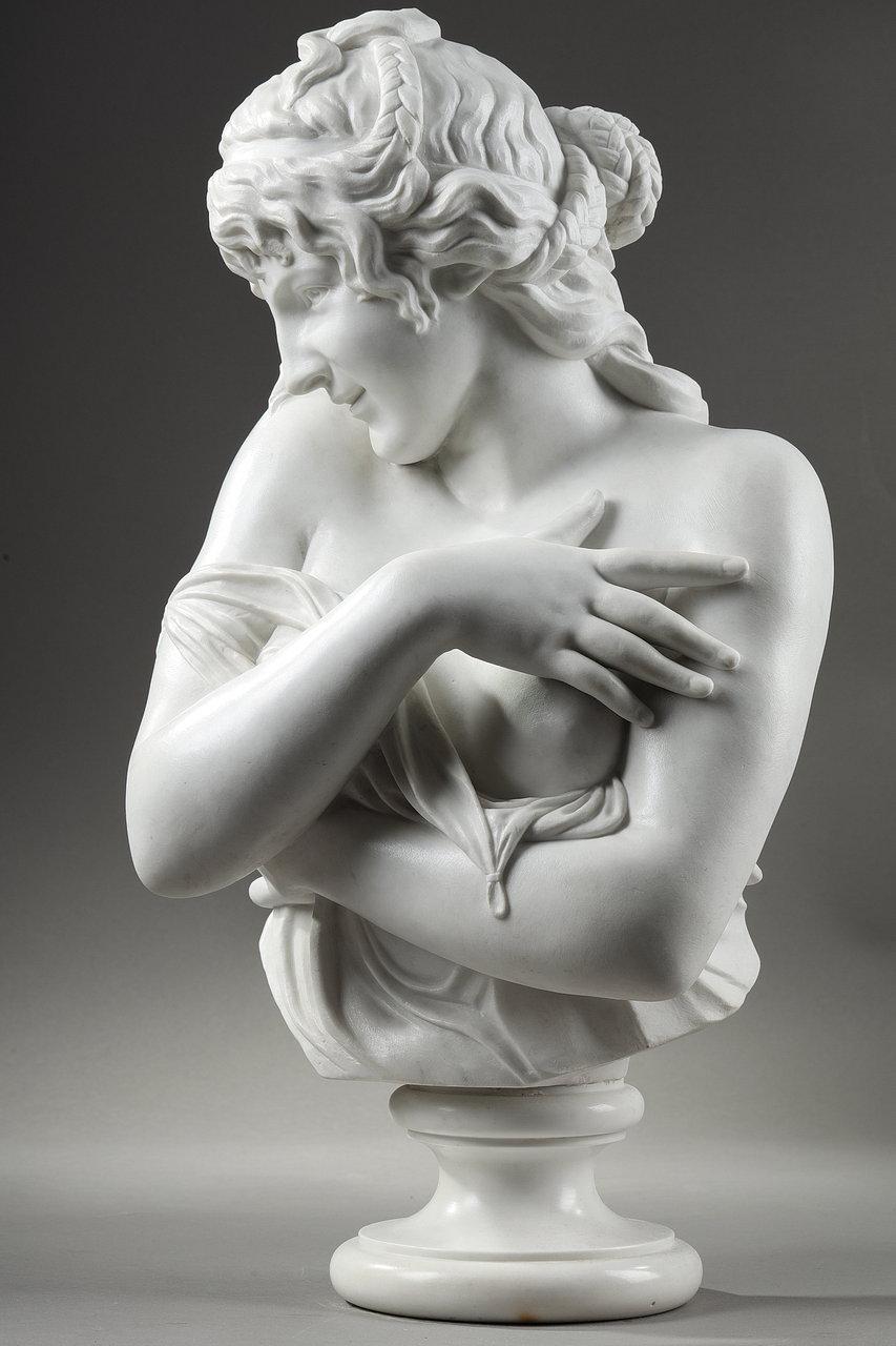 Romantic White Marble Bust 'La Pudeur' After J-A. Houdon, 19th Century