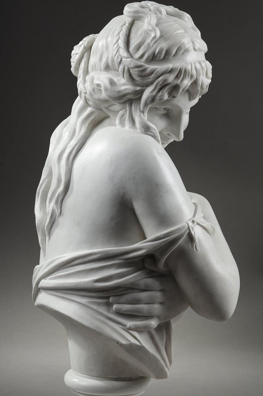 Carrara Marble White Marble Bust 'La Pudeur' After J-A. Houdon, 19th Century