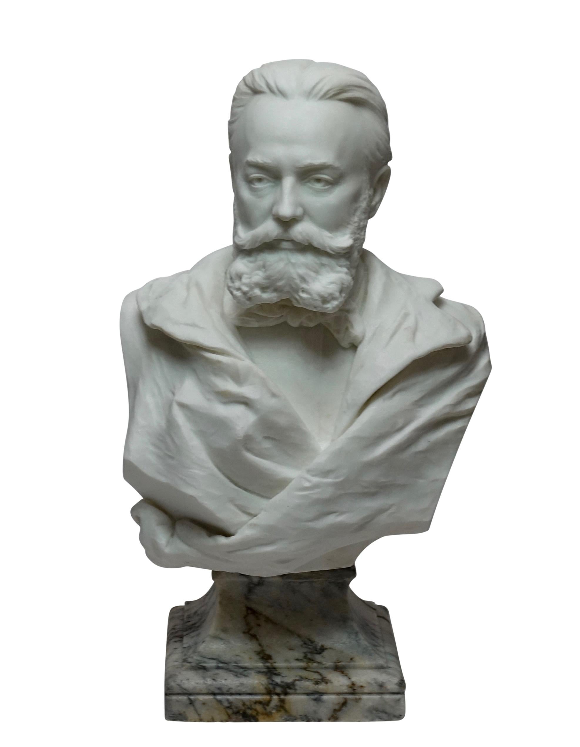 A finely carved large white marble bust of a Gentleman, sitter is unknown, possibly a San Francisco prominent business man. Signed R Schmid and Dated 1891. The bust is sitting on a white and gray veined plinth base. 

Born in Egg, Bavaria,
