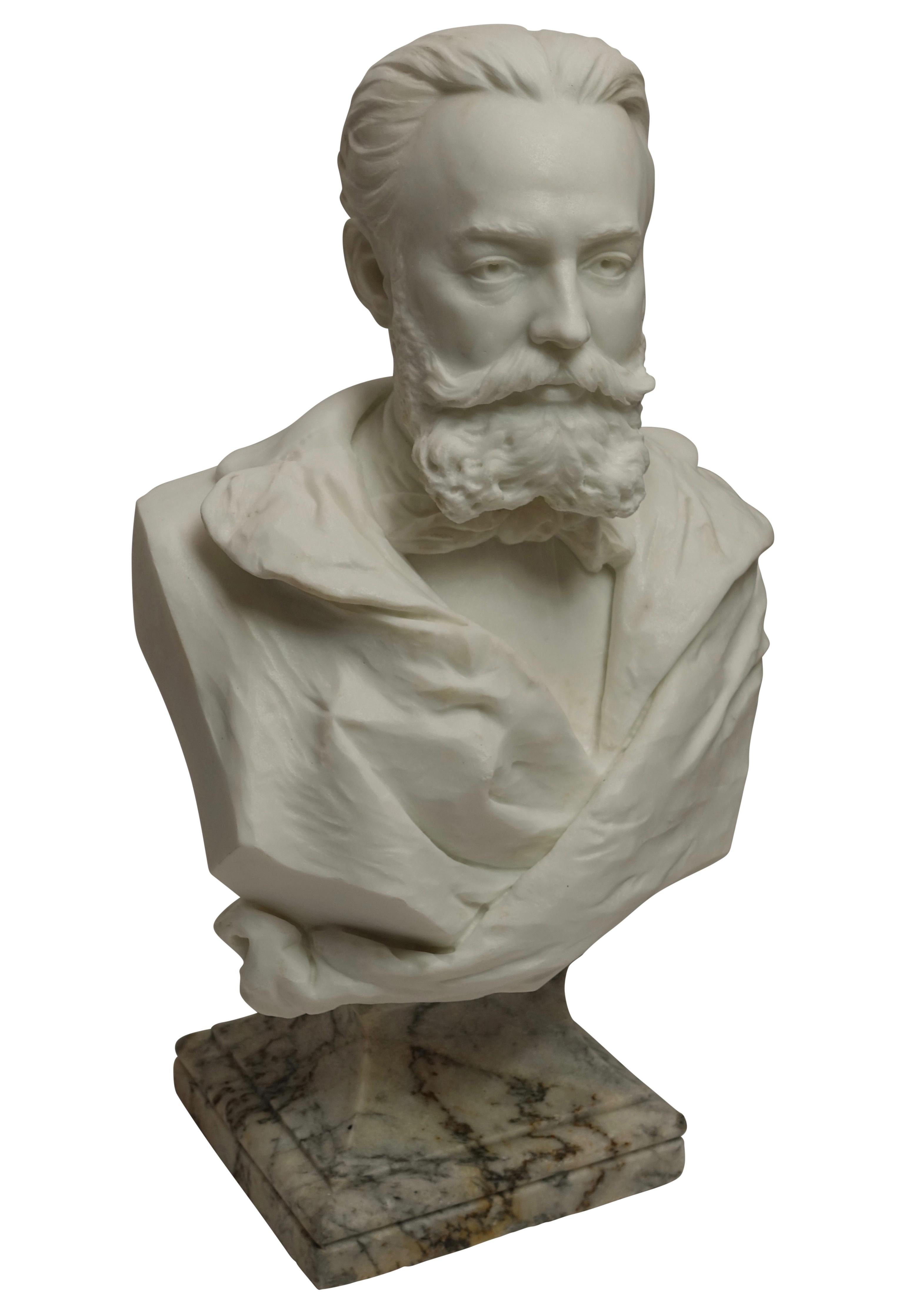 Carved  19th cent. White Marble Bust of a Gentleman by R. Schmid Dated 1891