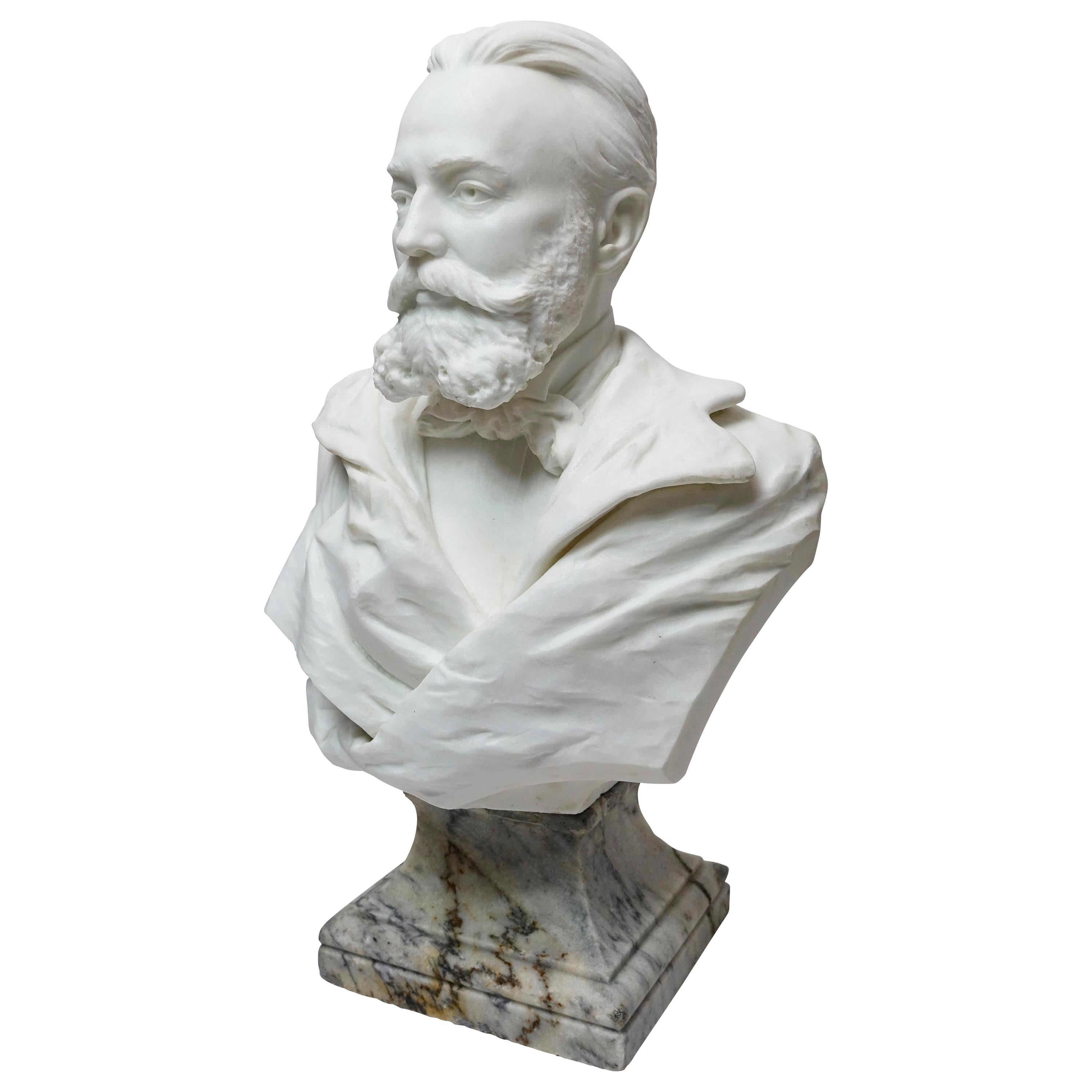  19th cent. White Marble Bust of a Gentleman by R. Schmid Dated 1891