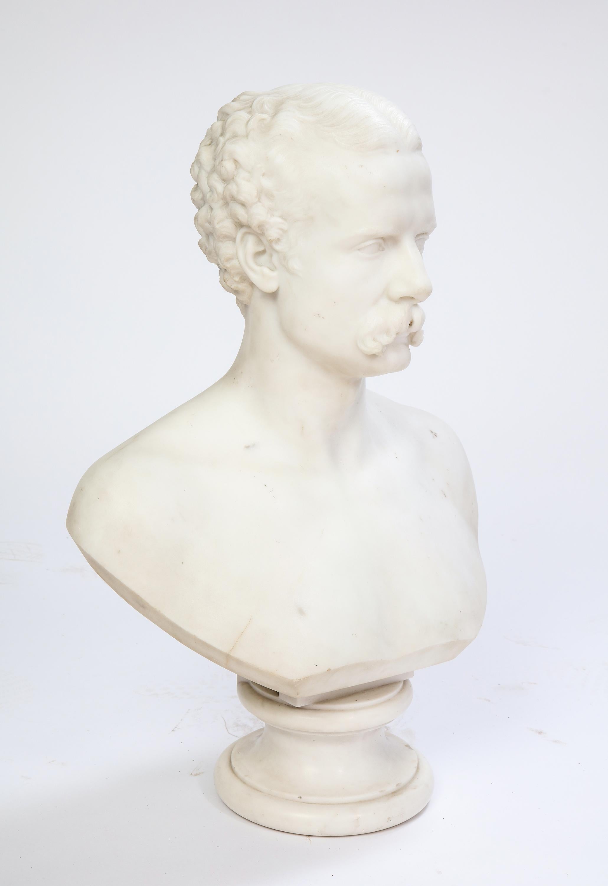 White Marble Bust of a Man with a Mustache, Possibly Italian, 19th/20th Century 7