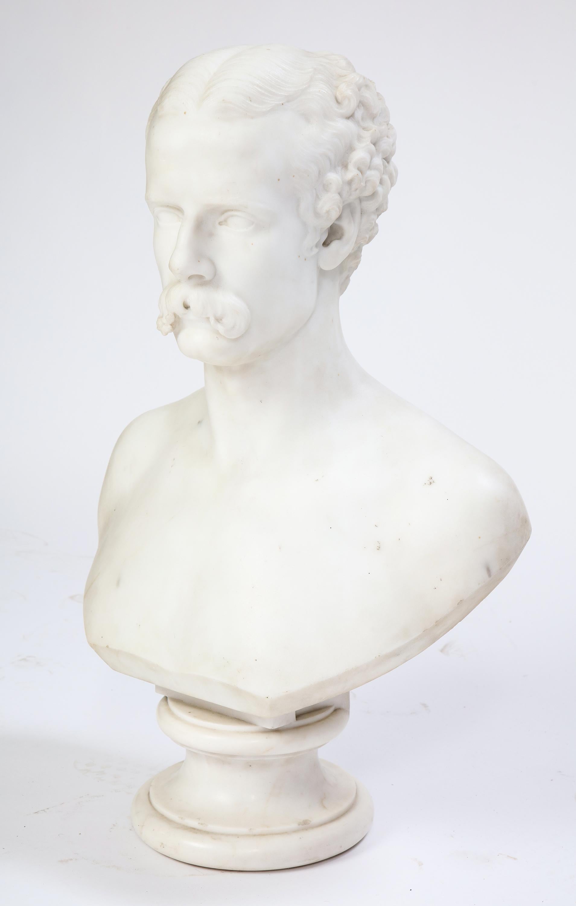 Baroque White Marble Bust of a Man with a Mustache, Possibly Italian, 19th/20th Century
