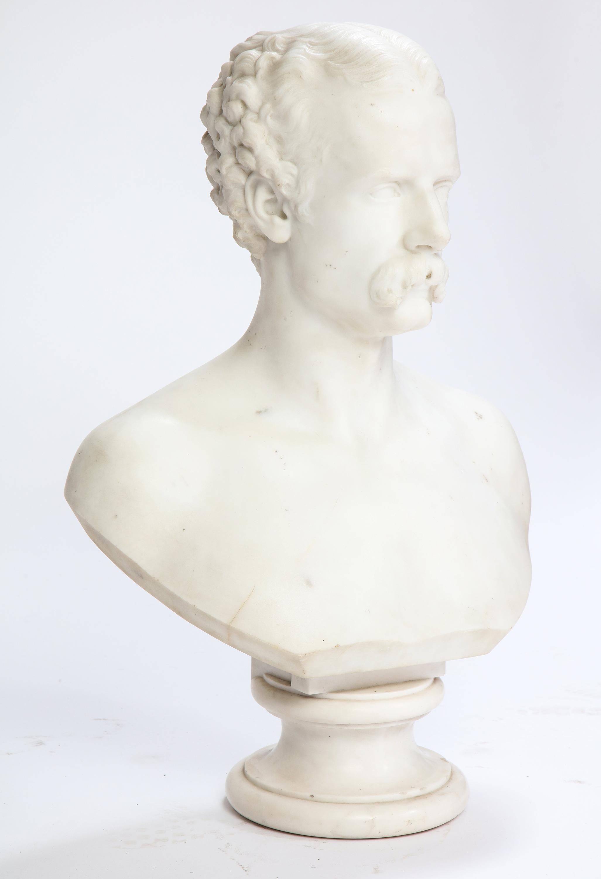 European White Marble Bust of a Man with a Mustache, Possibly Italian, 19th/20th Century