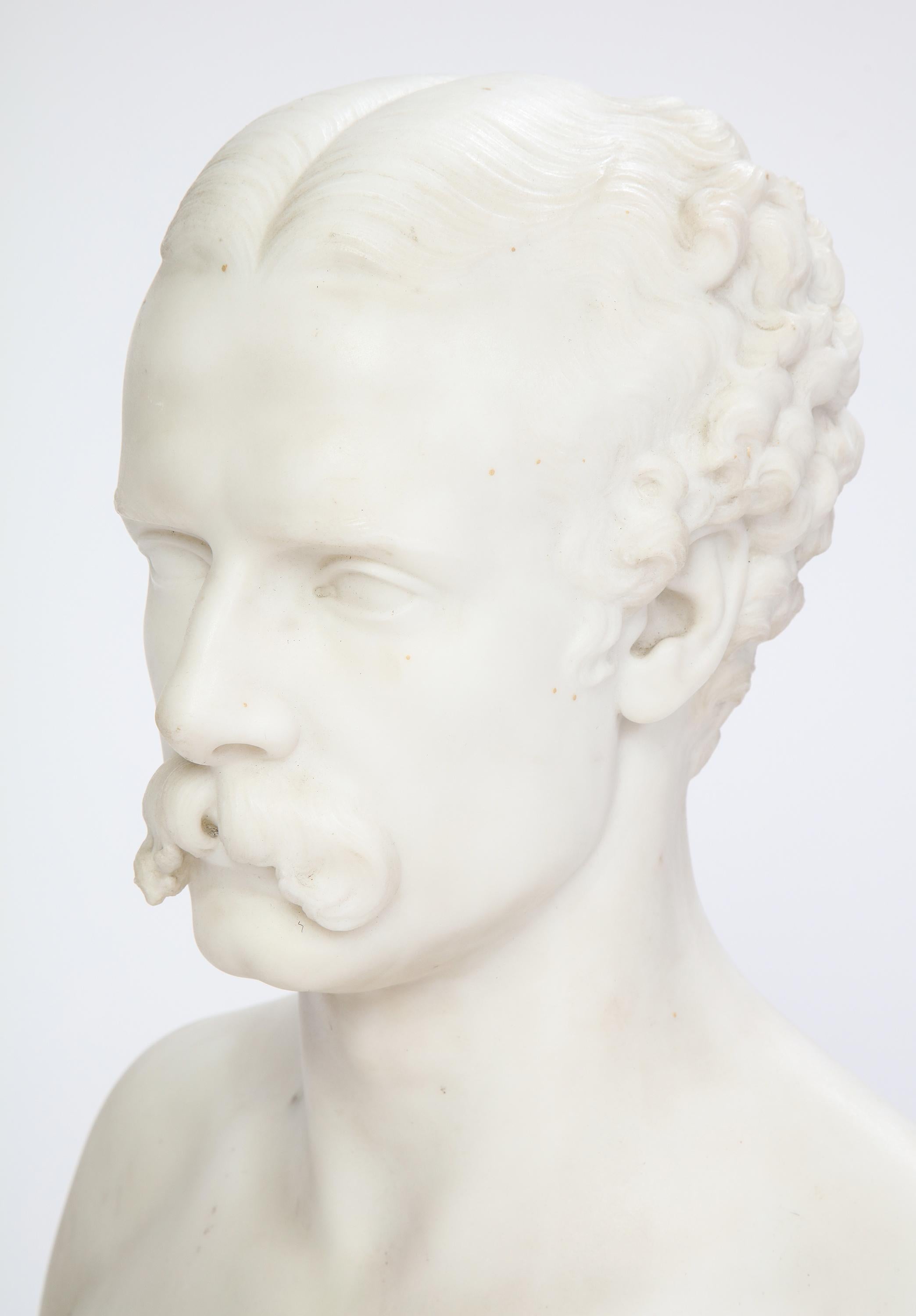 Hand-Carved White Marble Bust of a Man with a Mustache, Possibly Italian, 19th/20th Century