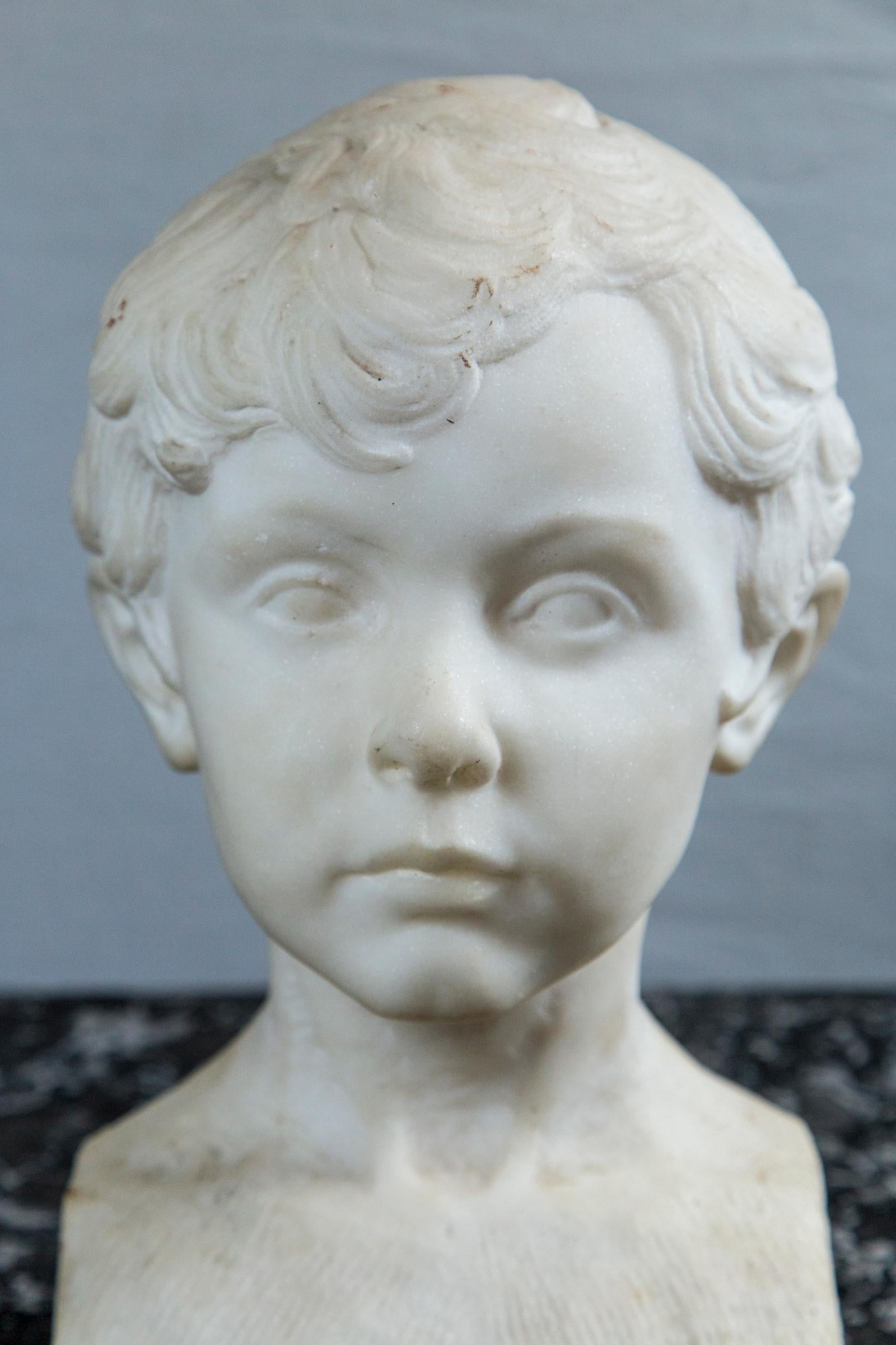 Hand-Carved White Marble Bust of a Young Boy