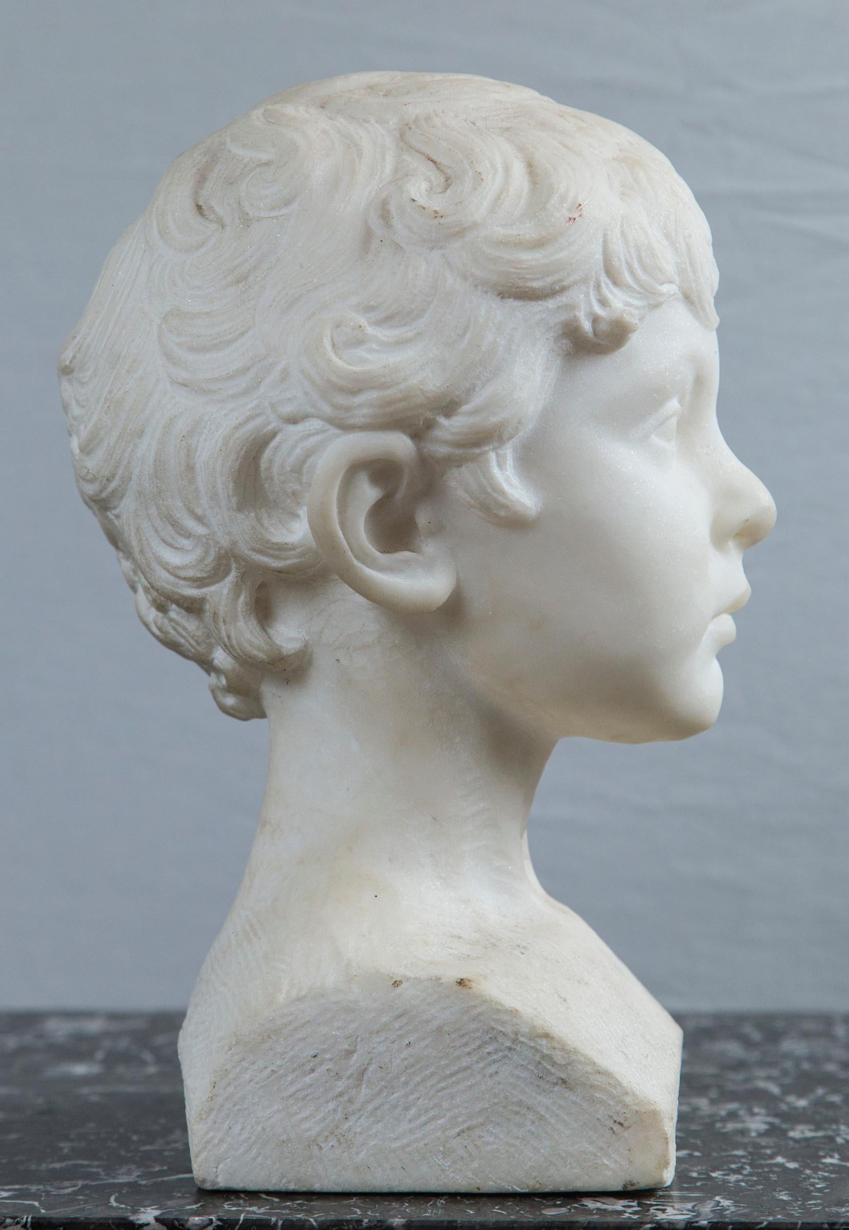 19th Century White Marble Bust of a Young Boy