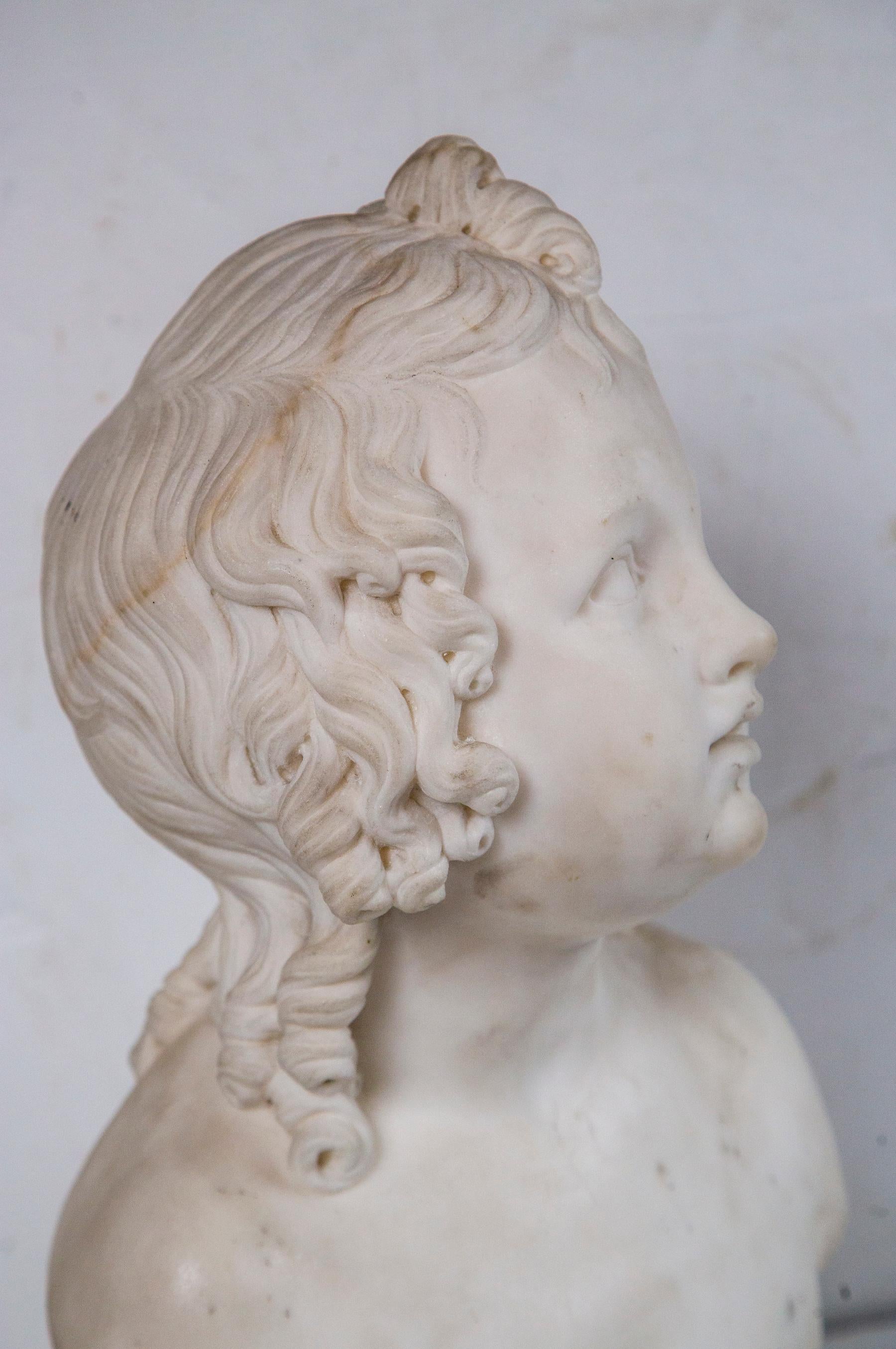 Hand-Carved White Marble Bust of a Young Girl For Sale