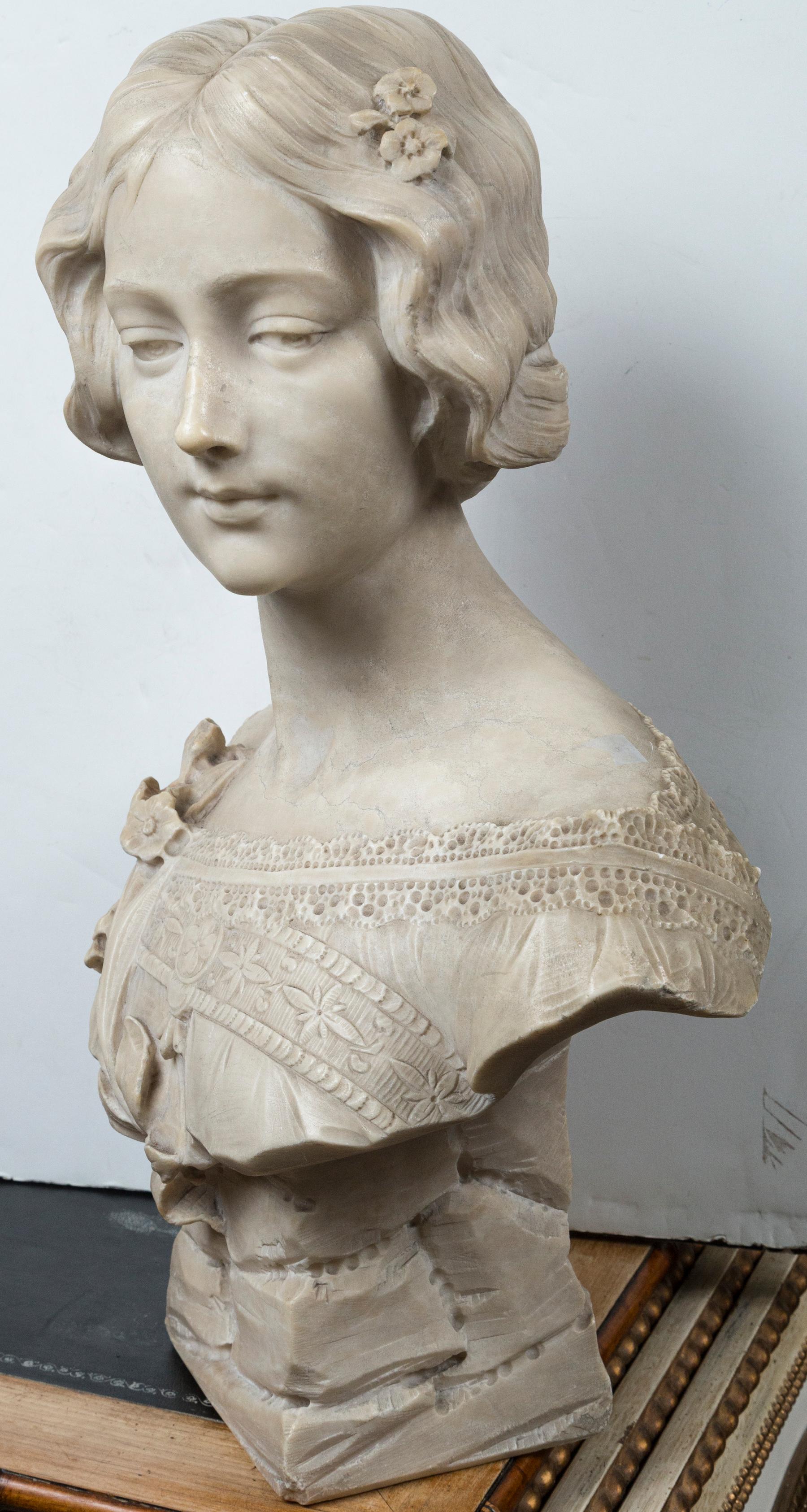 White Marble Bust of a Young Lady, Signed For Sale 6