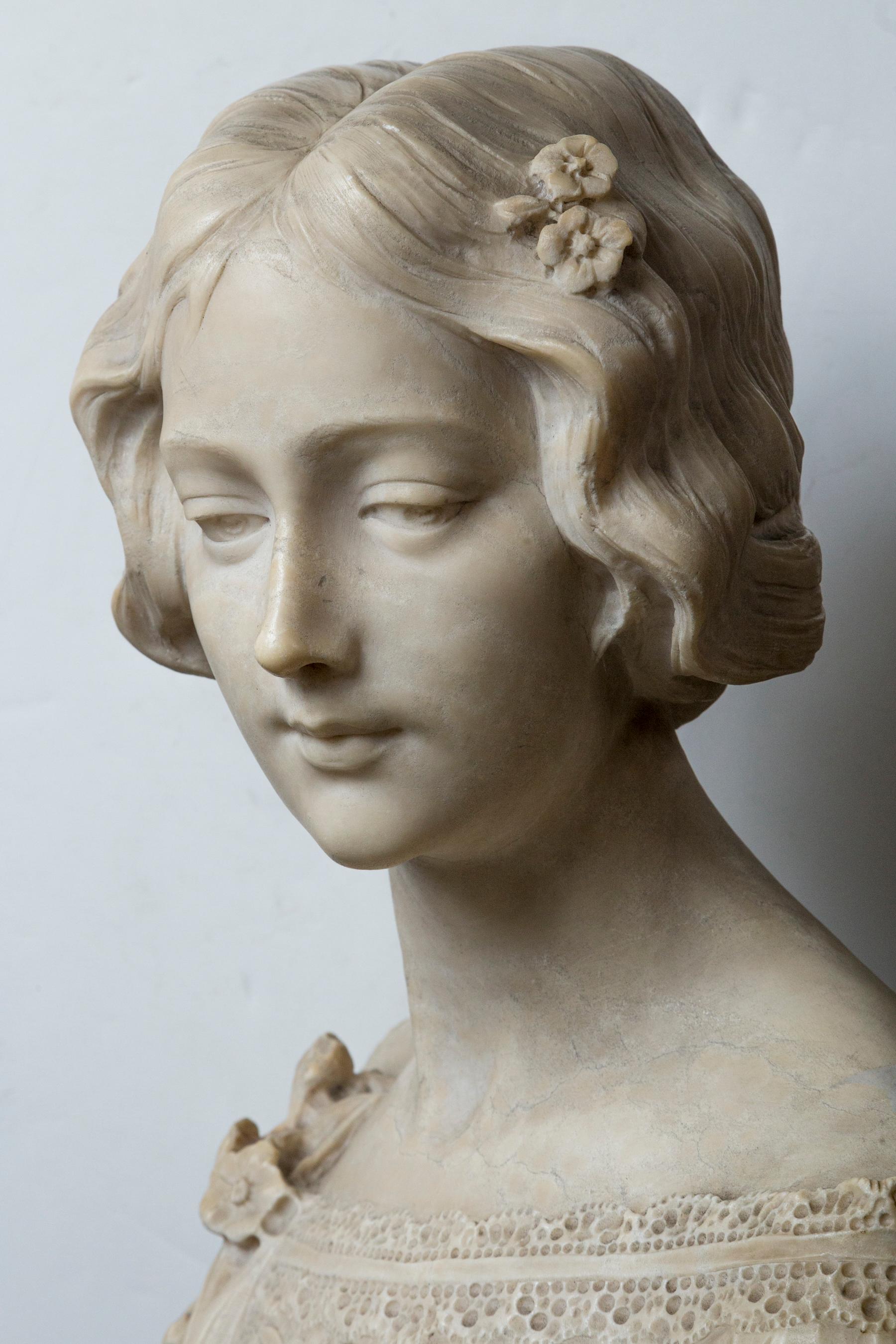 White Marble Bust of a Young Lady, Signed For Sale 7