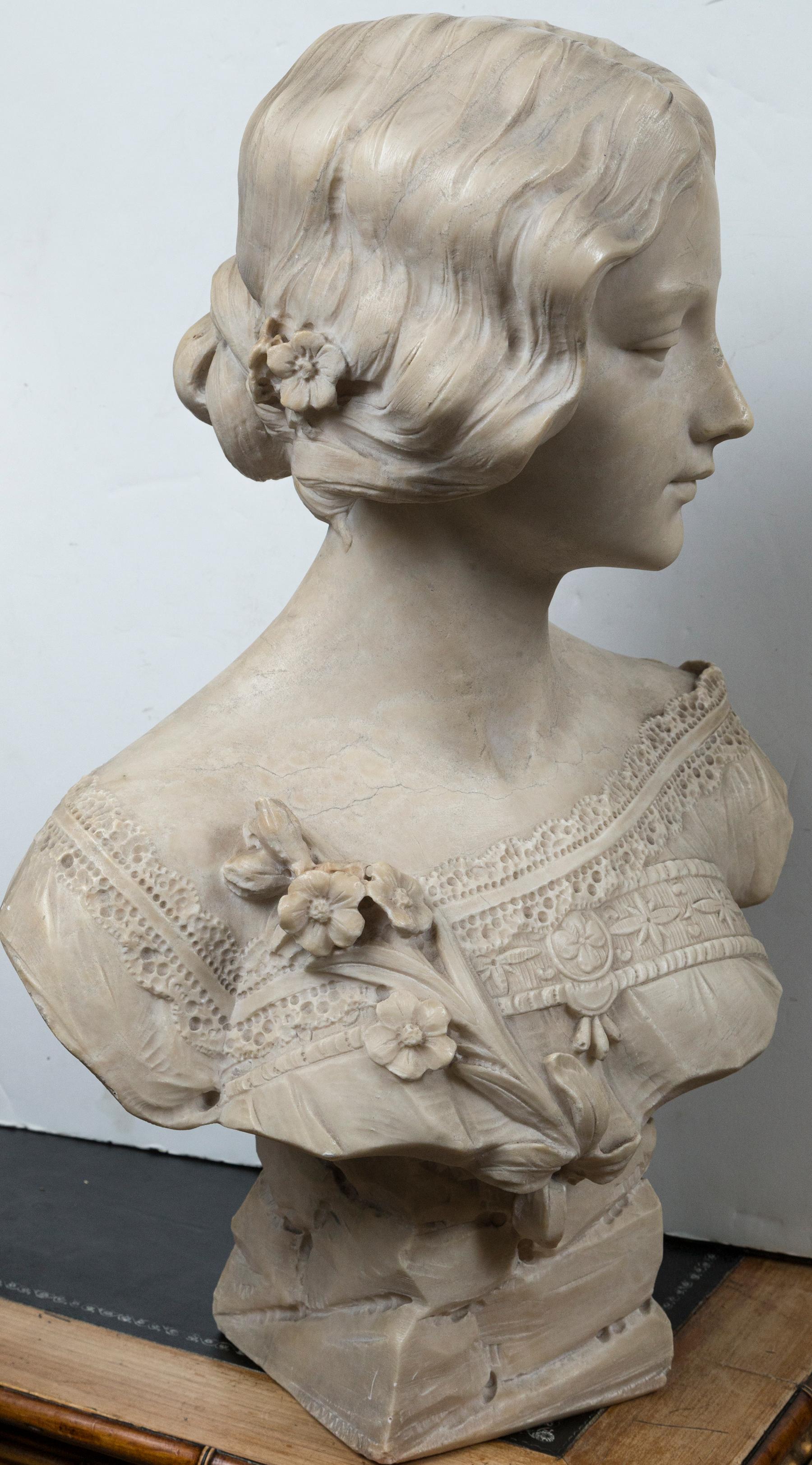 20th Century White Marble Bust of a Young Lady, Signed For Sale