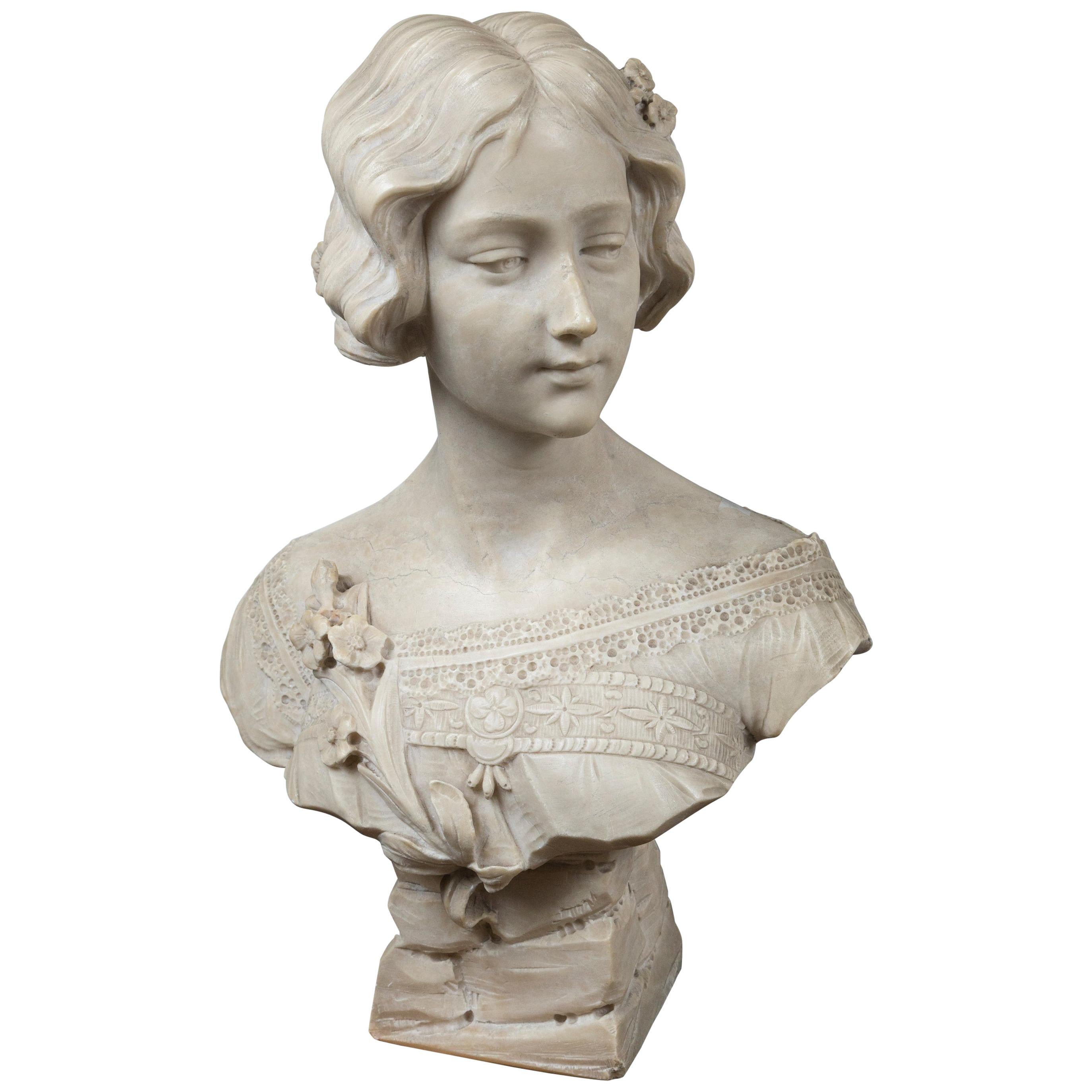 White Marble Bust of a Young Lady, Signed For Sale