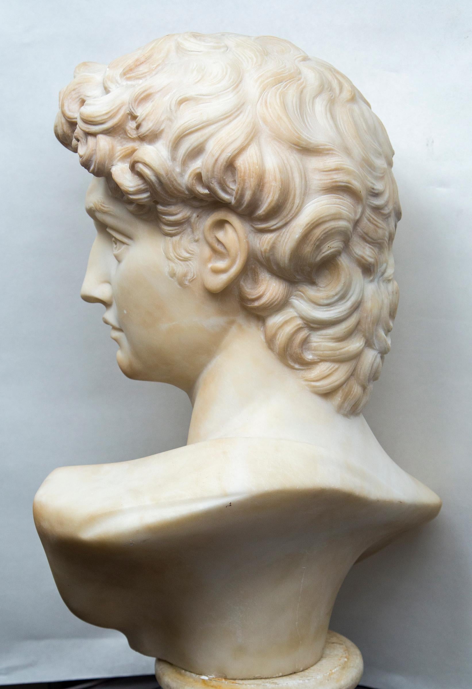 White Marble Bust of David after Michelangelo In Good Condition For Sale In Woodbury, CT