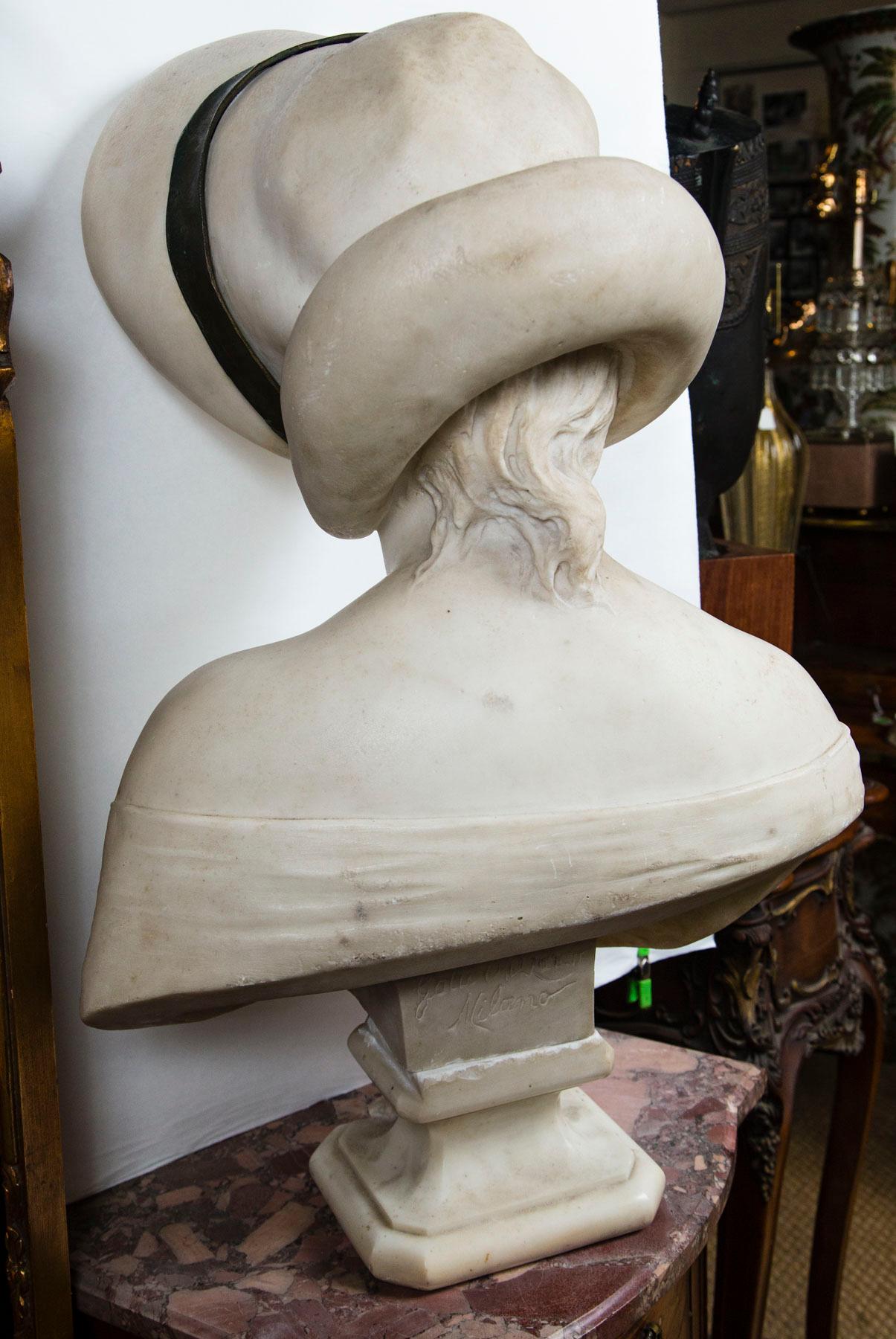 White  Marble Bust of Young Lady Wearing a Hat, Signed  Riccardo  Galli, Milano For Sale 2