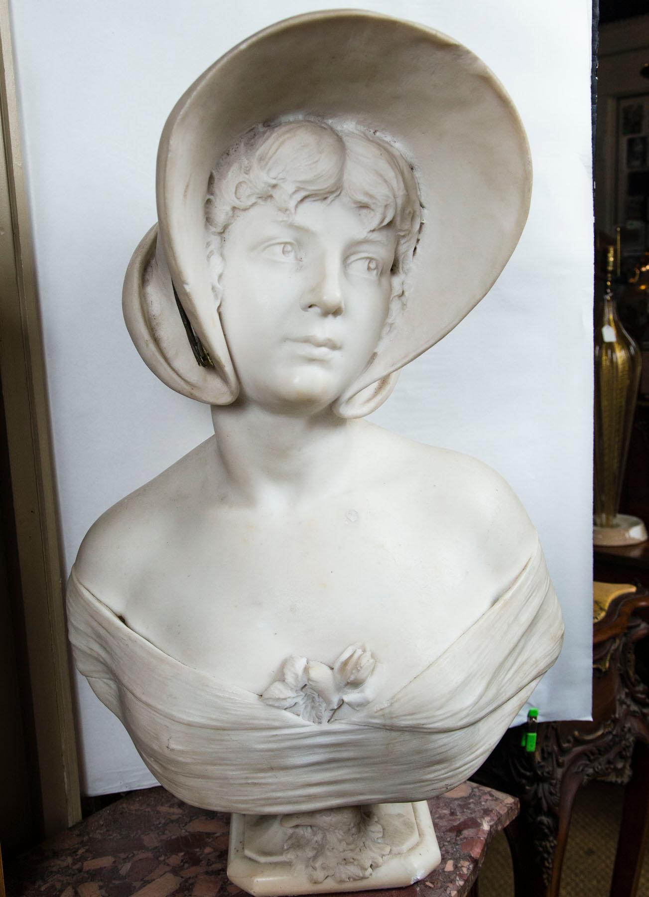 White  Marble Bust of Young Lady Wearing a Hat, Signed  Riccardo  Galli, Milano In Good Condition For Sale In Woodbury, CT