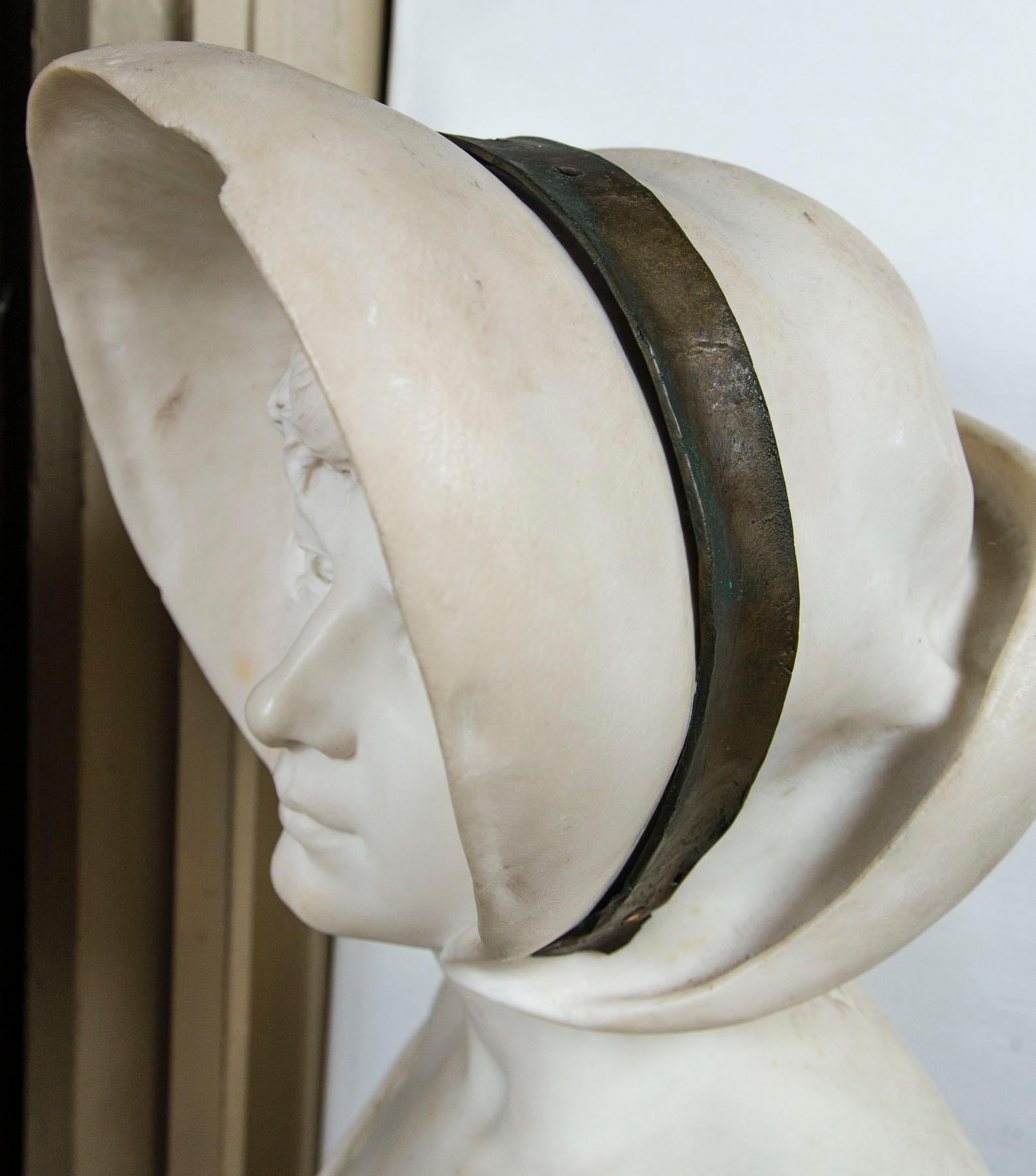 20th Century White  Marble Bust of Young Lady Wearing a Hat, Signed  Riccardo  Galli, Milano For Sale