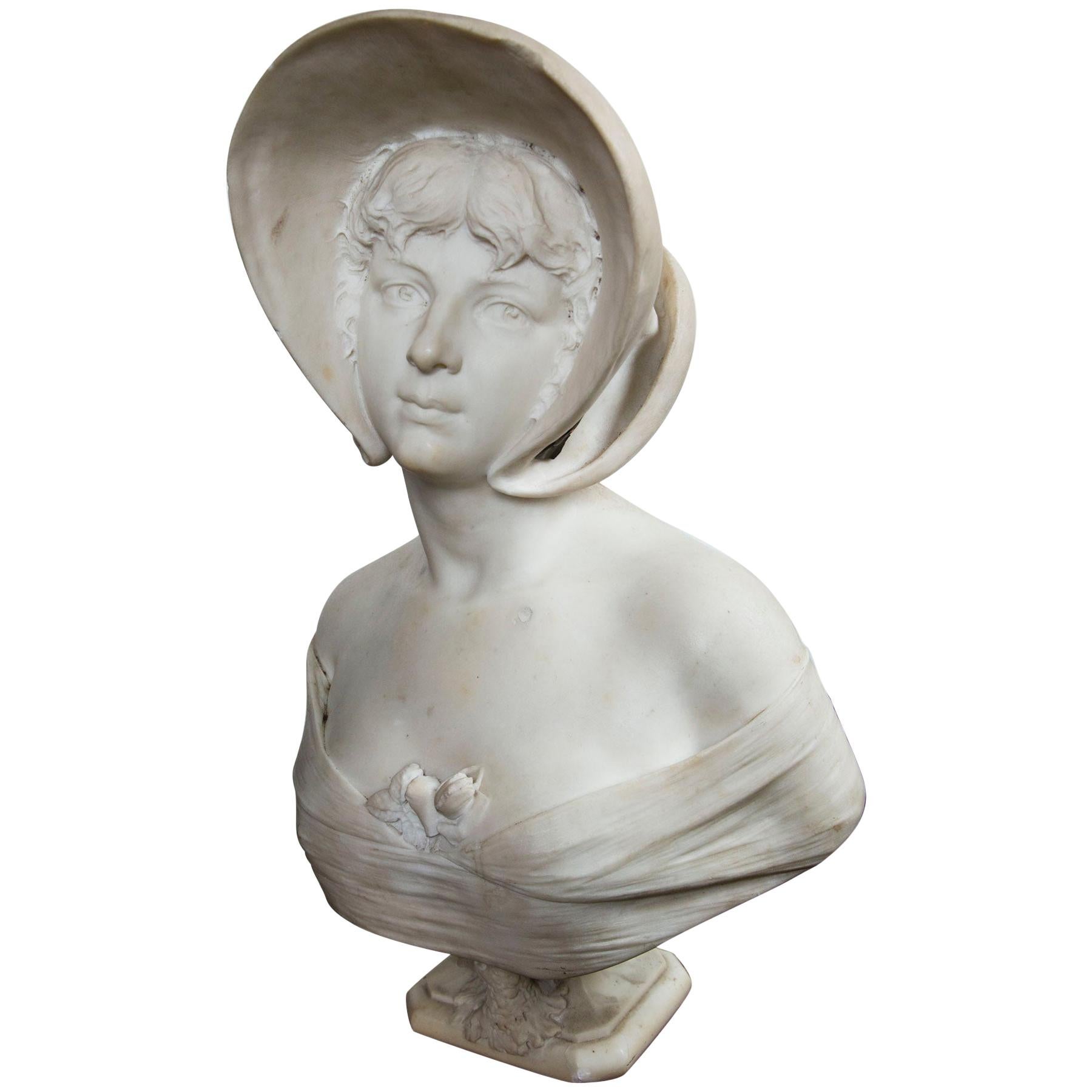 White  Marble Bust of Young Lady Wearing a Hat, Signed  Riccardo  Galli, Milano For Sale