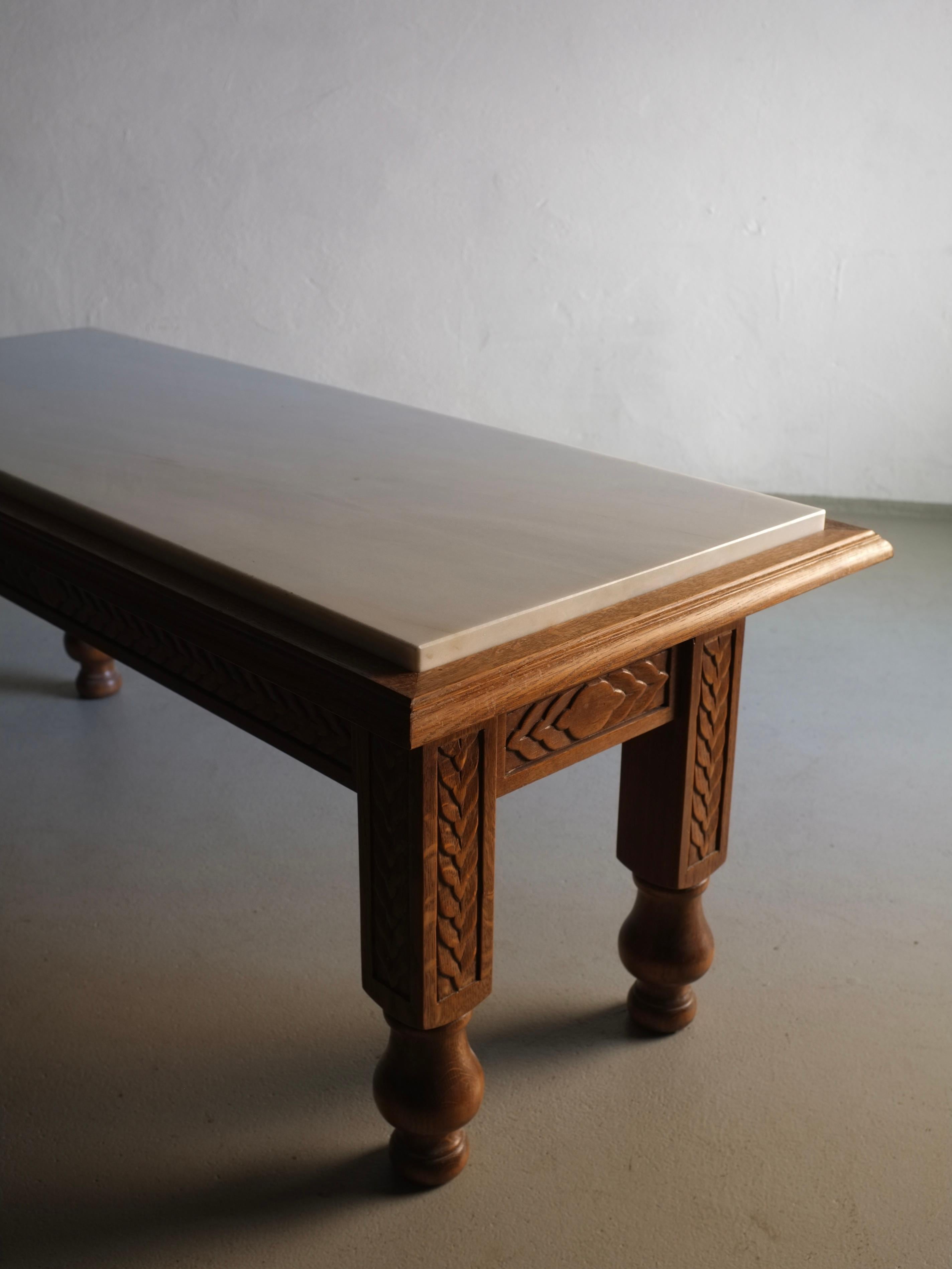 White Marble Carved Oak Coffee Table, France, 1970s In Good Condition For Sale In Rīga, LV