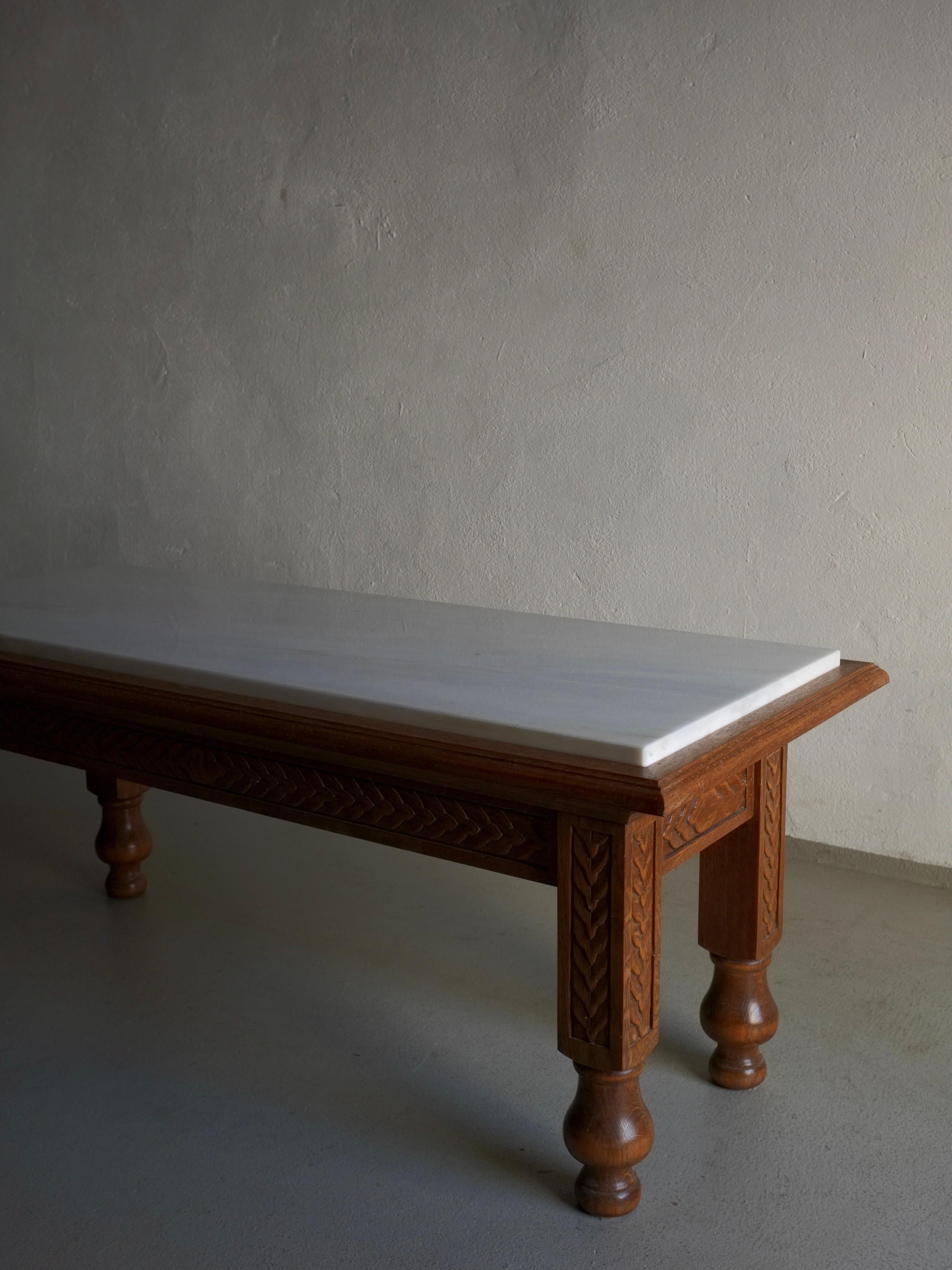 Late 20th Century White Marble Carved Oak Coffee Table, France, 1970s For Sale