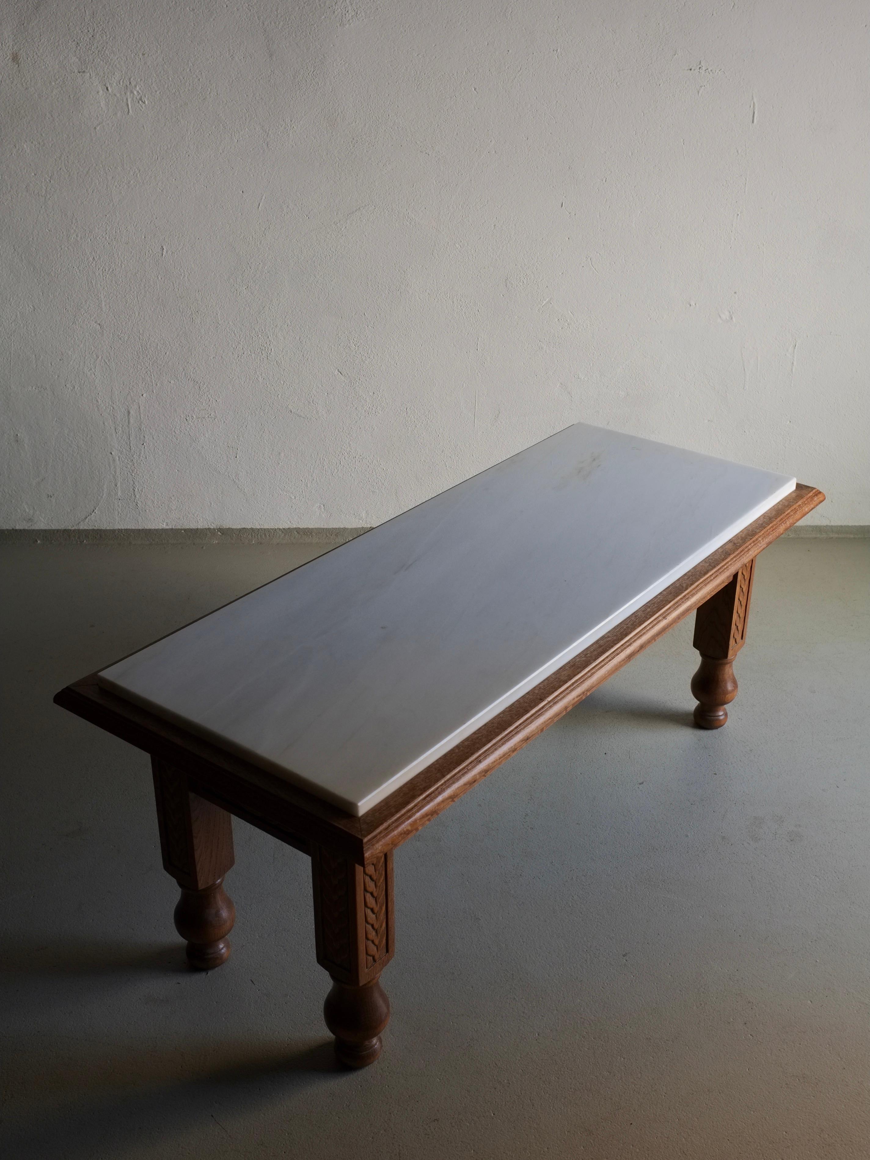 White Marble Carved Oak Coffee Table, France, 1970s For Sale 1