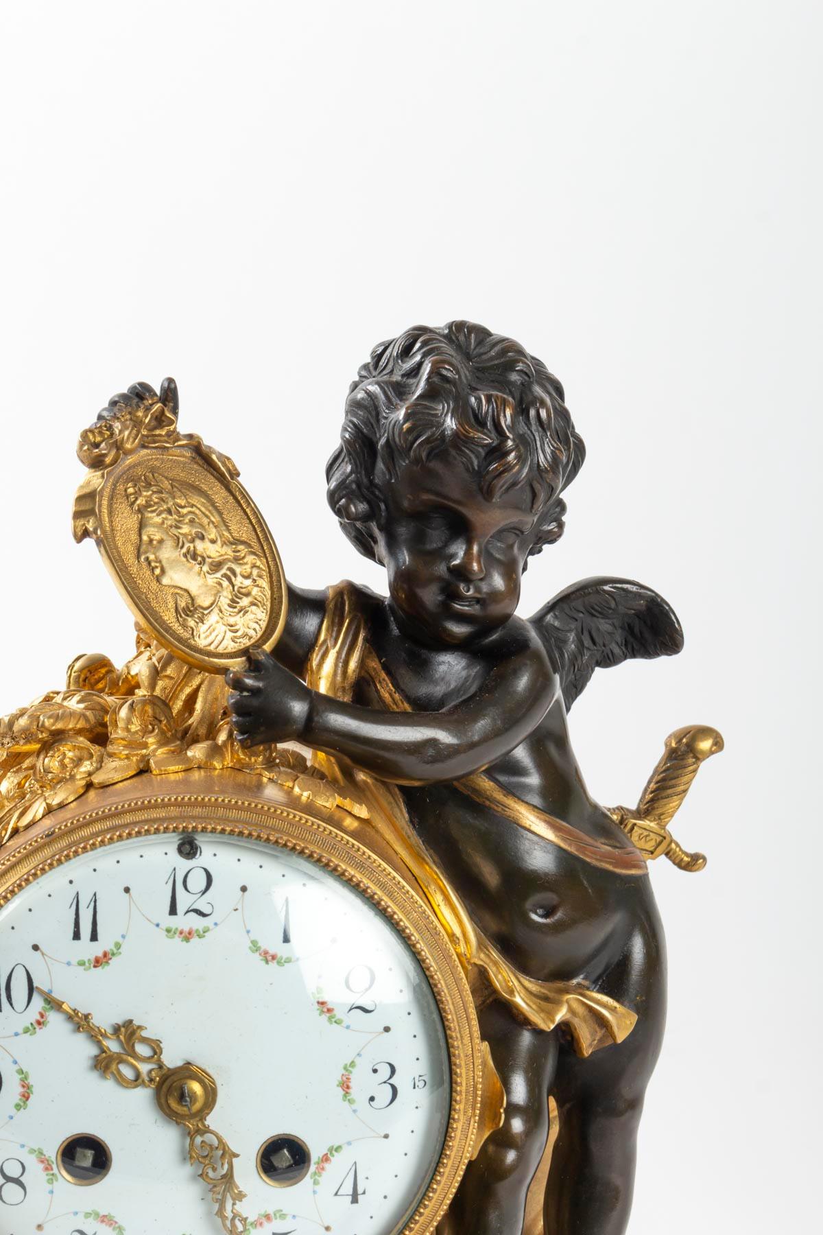 Napoleon III White Marble Clock, Golden Bronze and Antique Black, Allegory of Peace