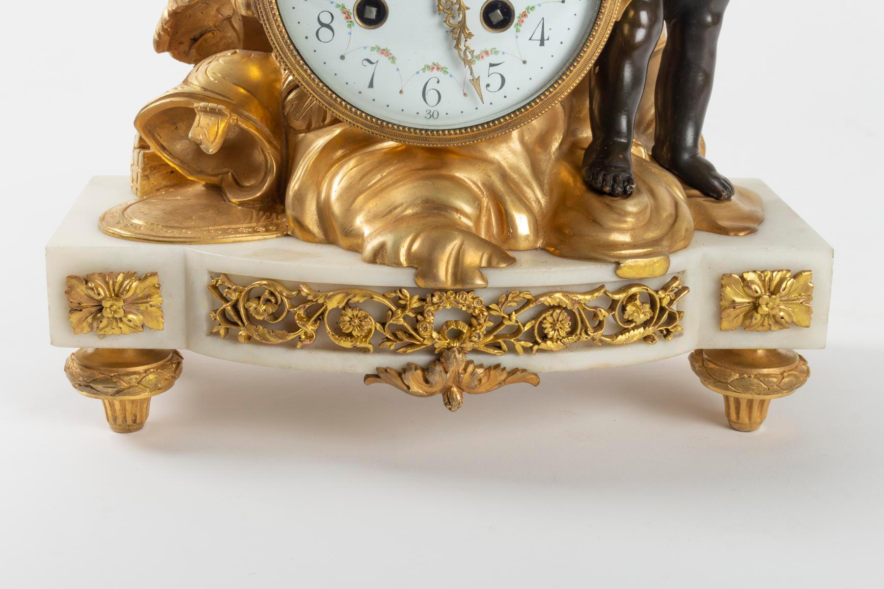 French White Marble Clock, Golden Bronze and Antique Black, Allegory of Peace