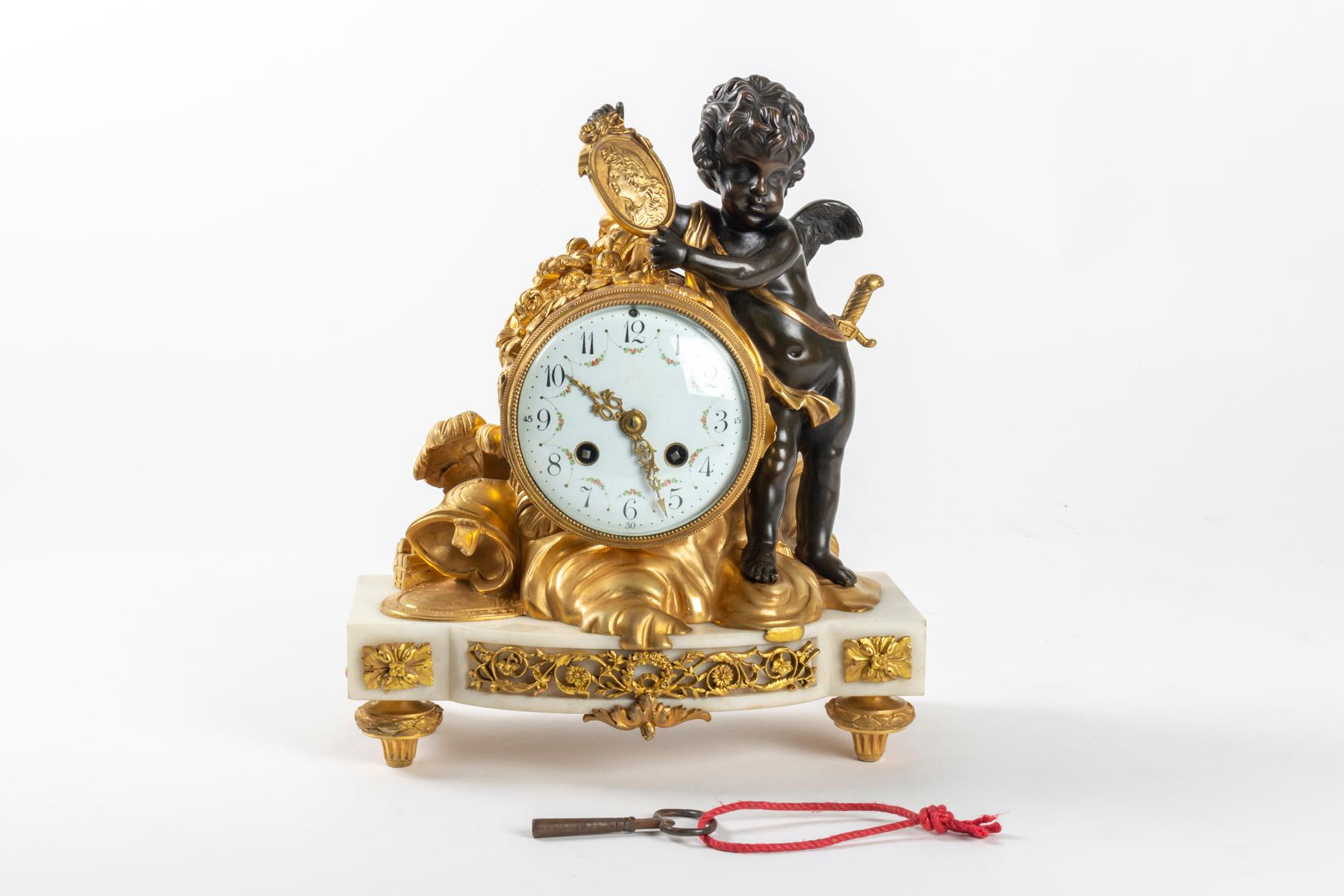 Gilt White Marble Clock, Golden Bronze and Antique Black, Allegory of Peace