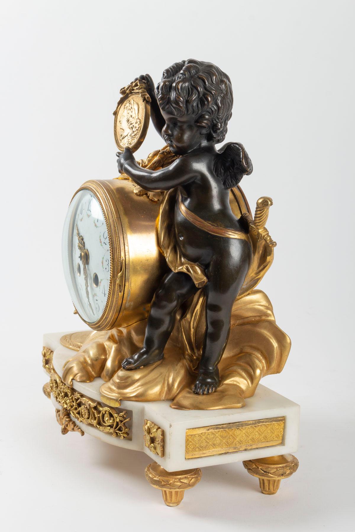 19th Century White Marble Clock, Golden Bronze and Antique Black, Allegory of Peace