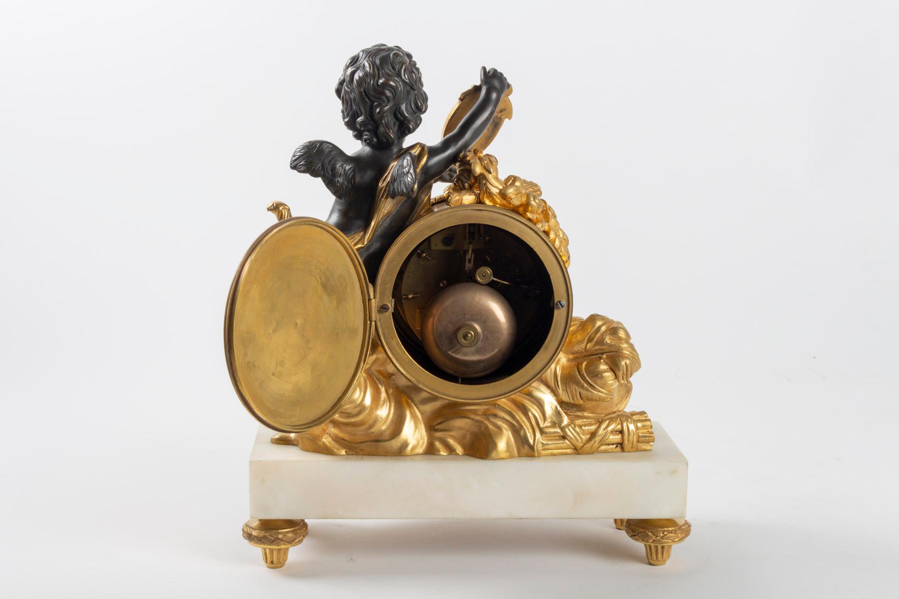 White Marble Clock, Golden Bronze and Antique Black, Allegory of Peace 1