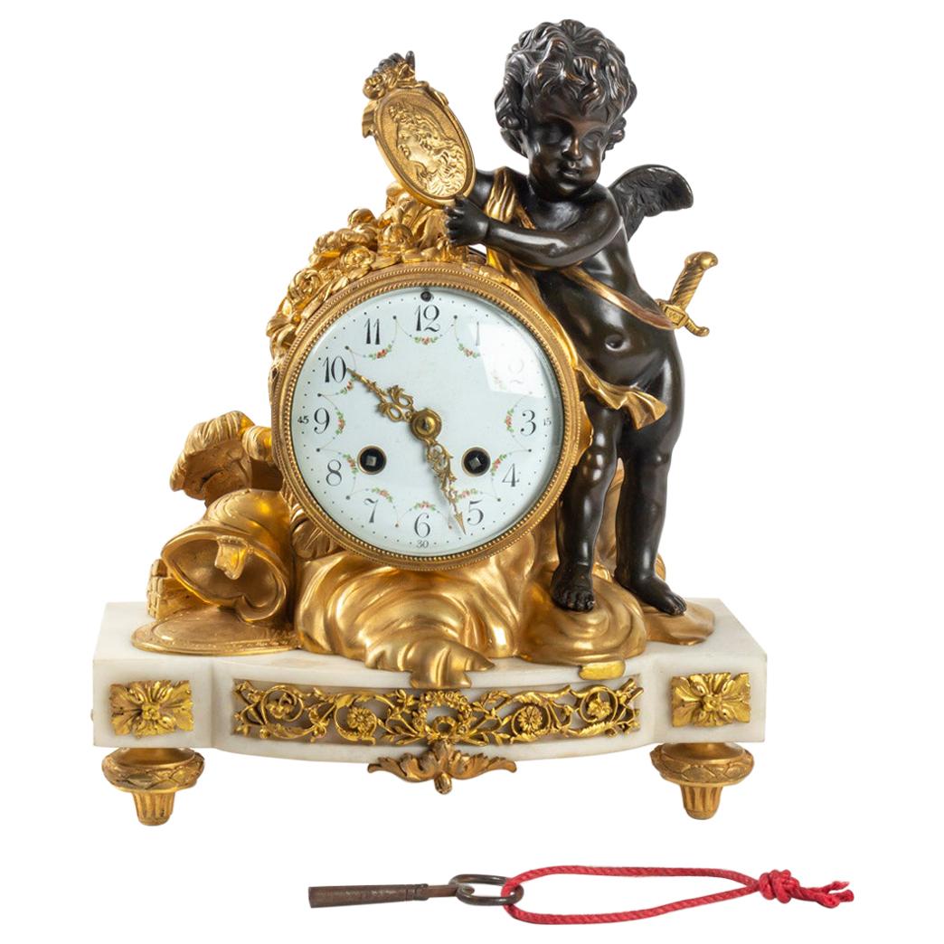 White Marble Clock, Golden Bronze and Antique Black, Allegory of Peace