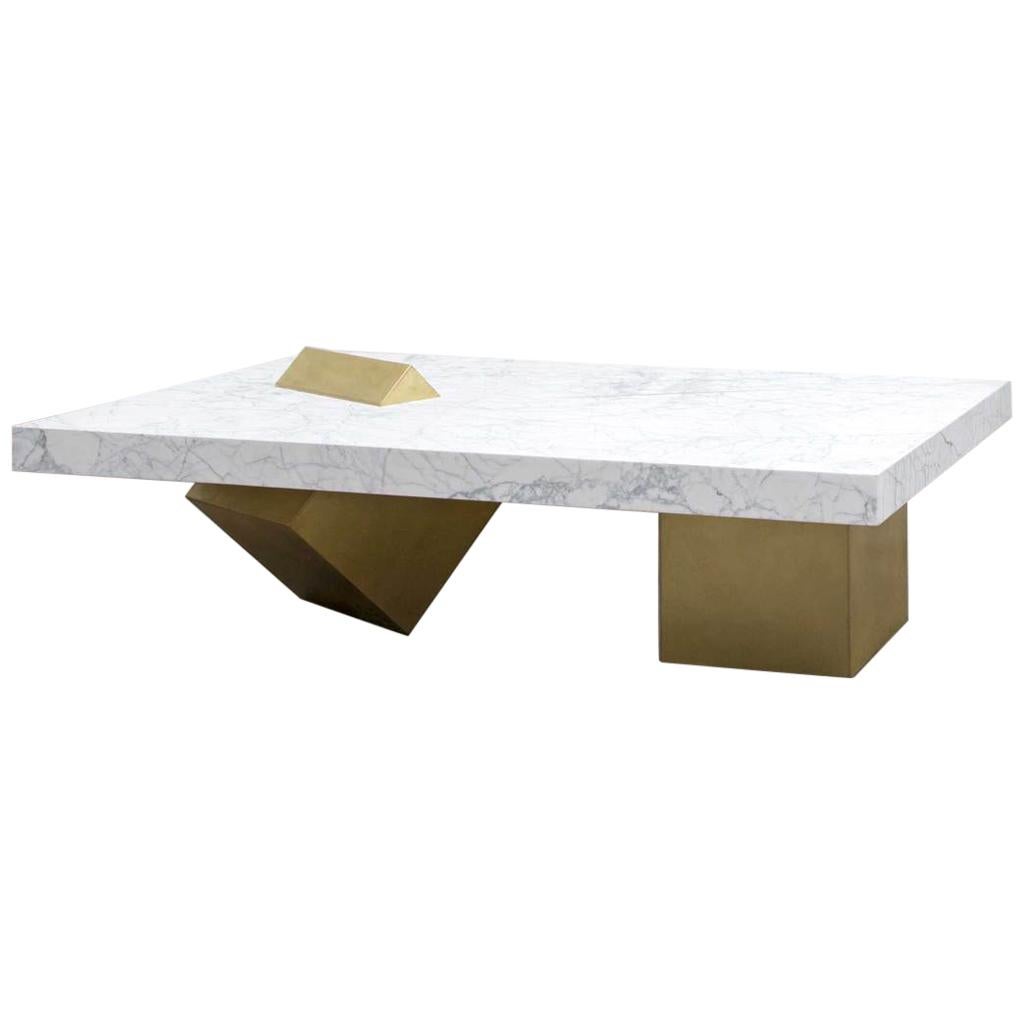 White Marble Coexist Coffee Table with Brass Base by Slash Objects