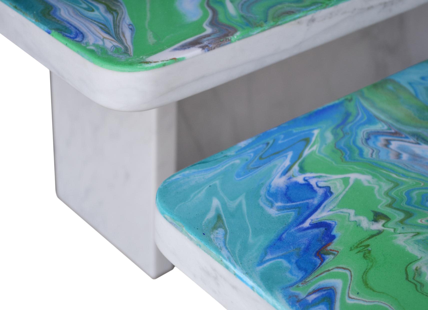 Tavolini in marmo bianco e scagliola verde fatto a mano in Italia disponibile In New Condition For Sale In Rimini, IT
