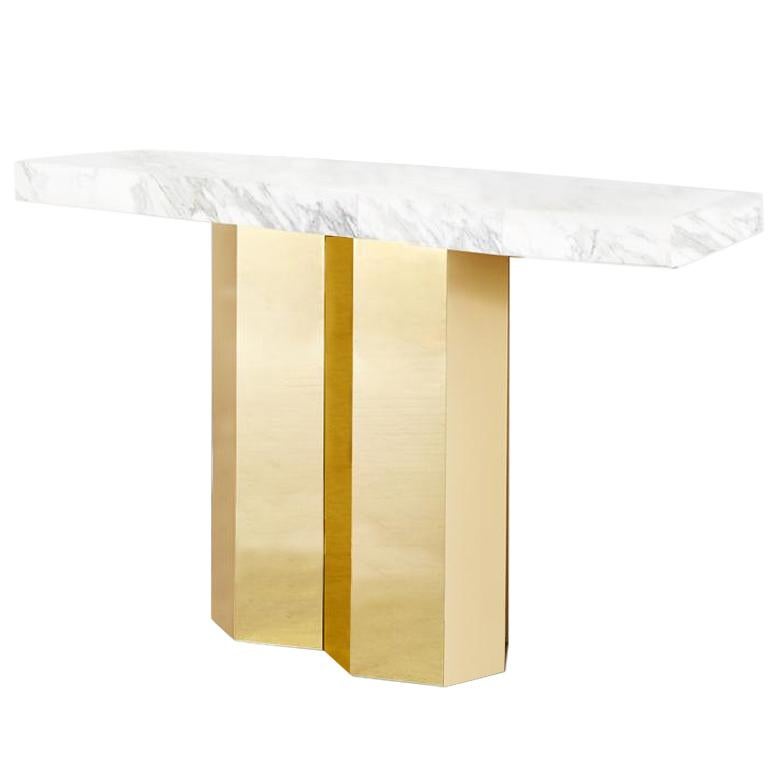 White Marble Double Hex Console with Brass Base by Slash Objects