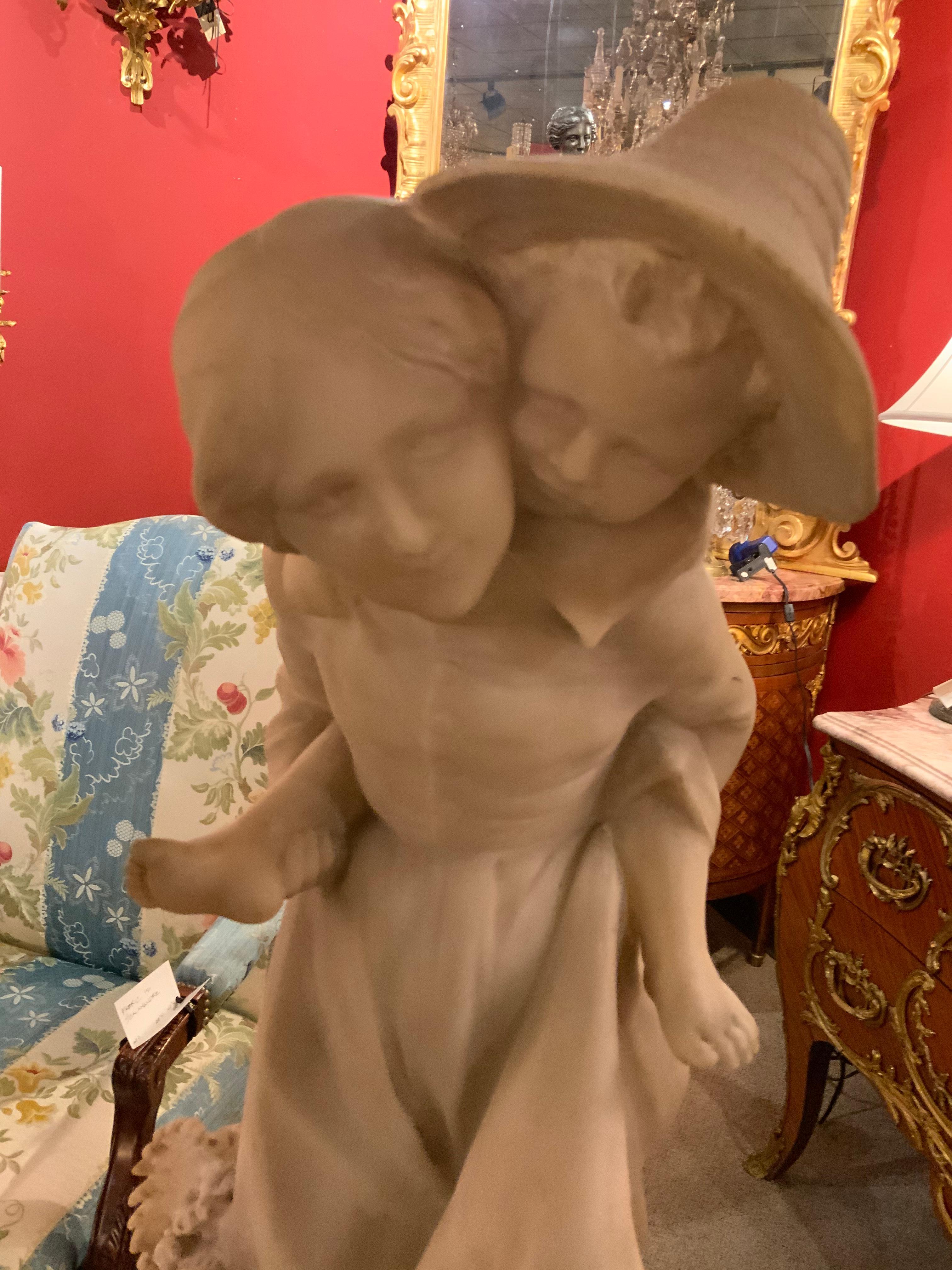 Hand-Carved White Marble Figural Statue of Mother and Child by Viviana, Signed For Sale