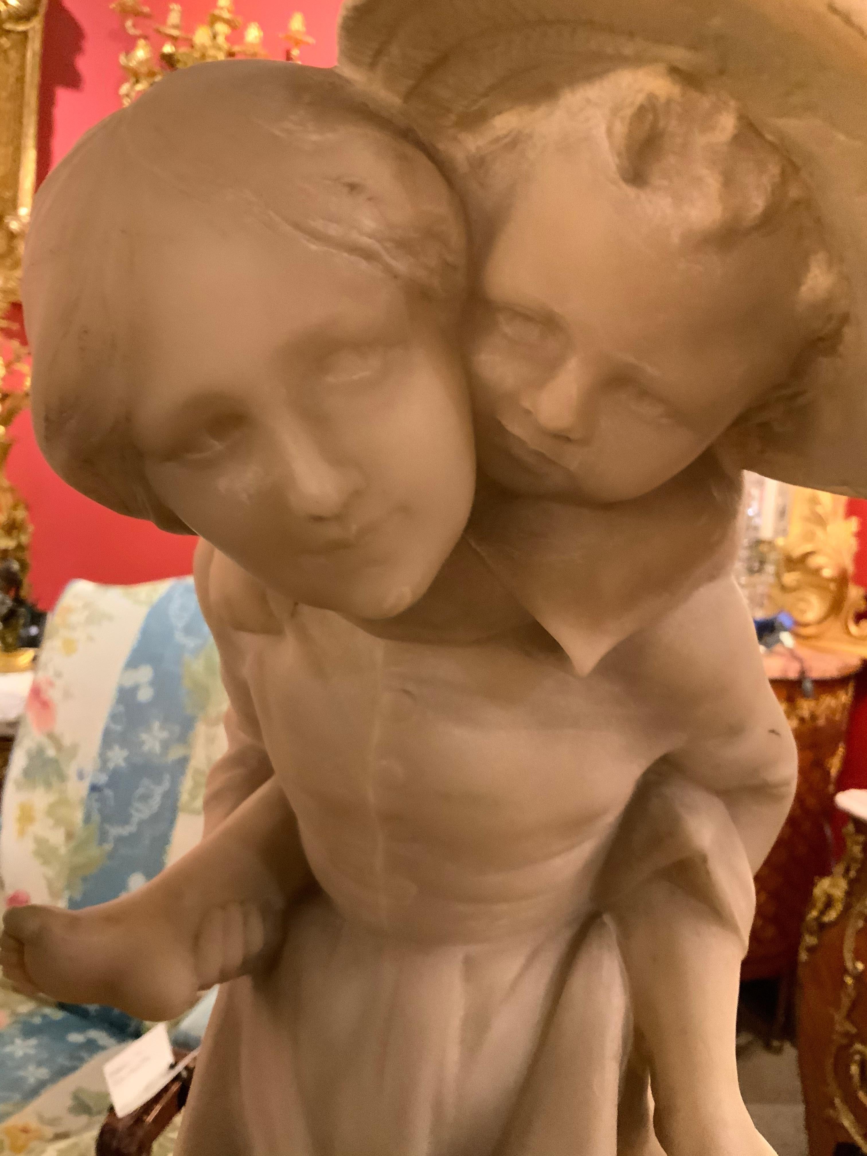 Carrara Marble White Marble Figural Statue of Mother and Child by Viviana, Signed For Sale