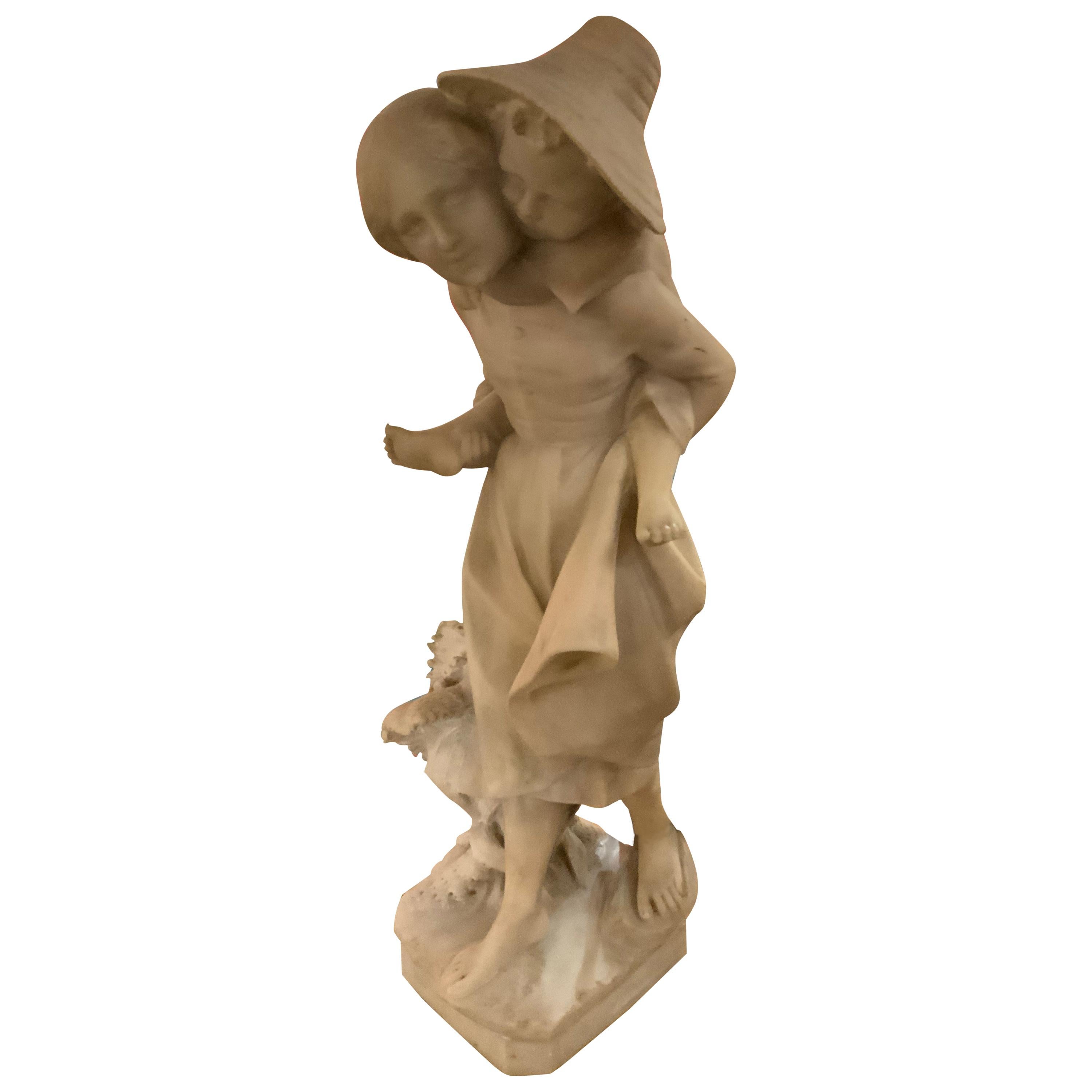White Marble Figural Statue of Mother and Child by Viviana, Signed For Sale