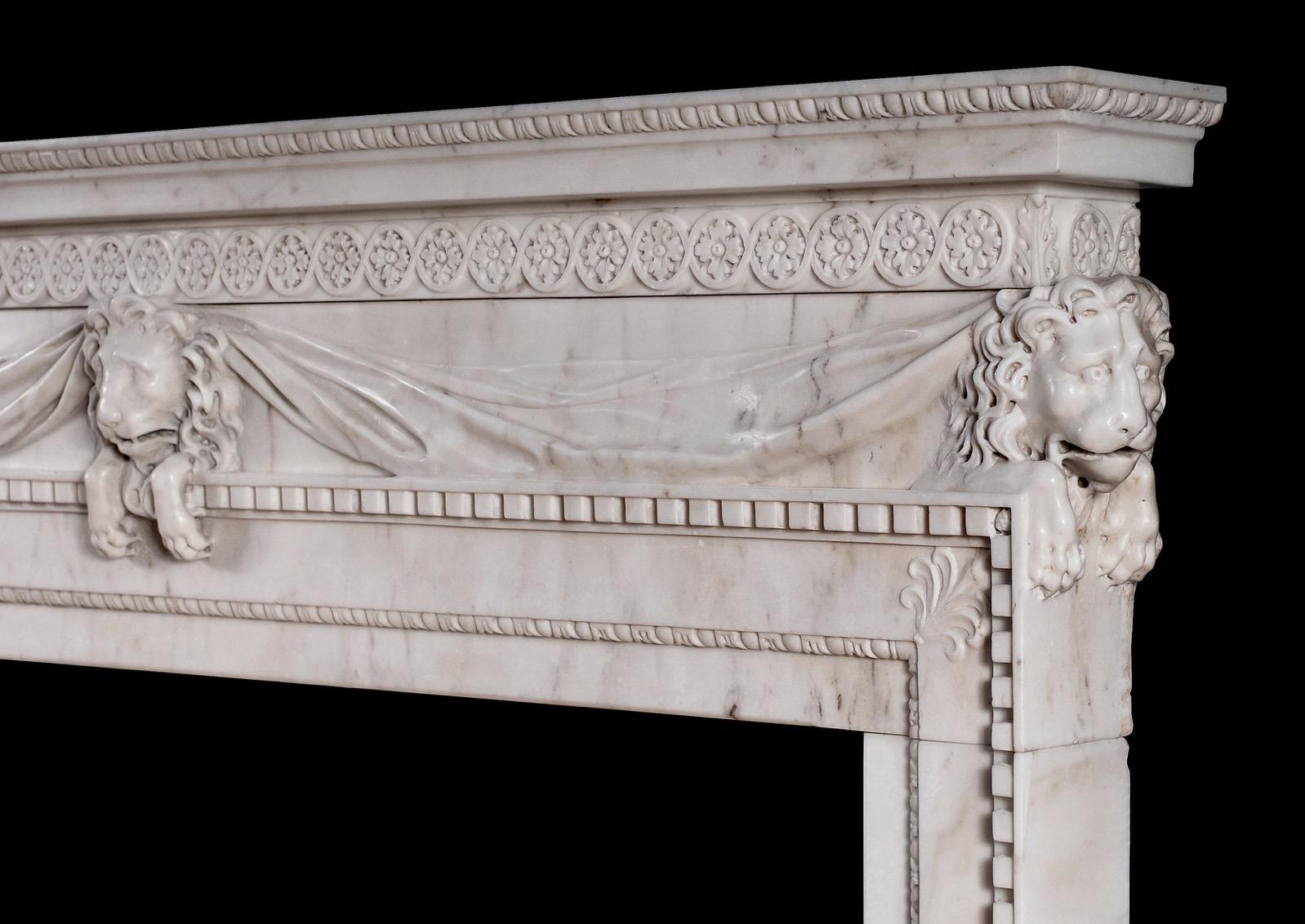 English White Marble Fireplace with Carved Lion's Mask For Sale