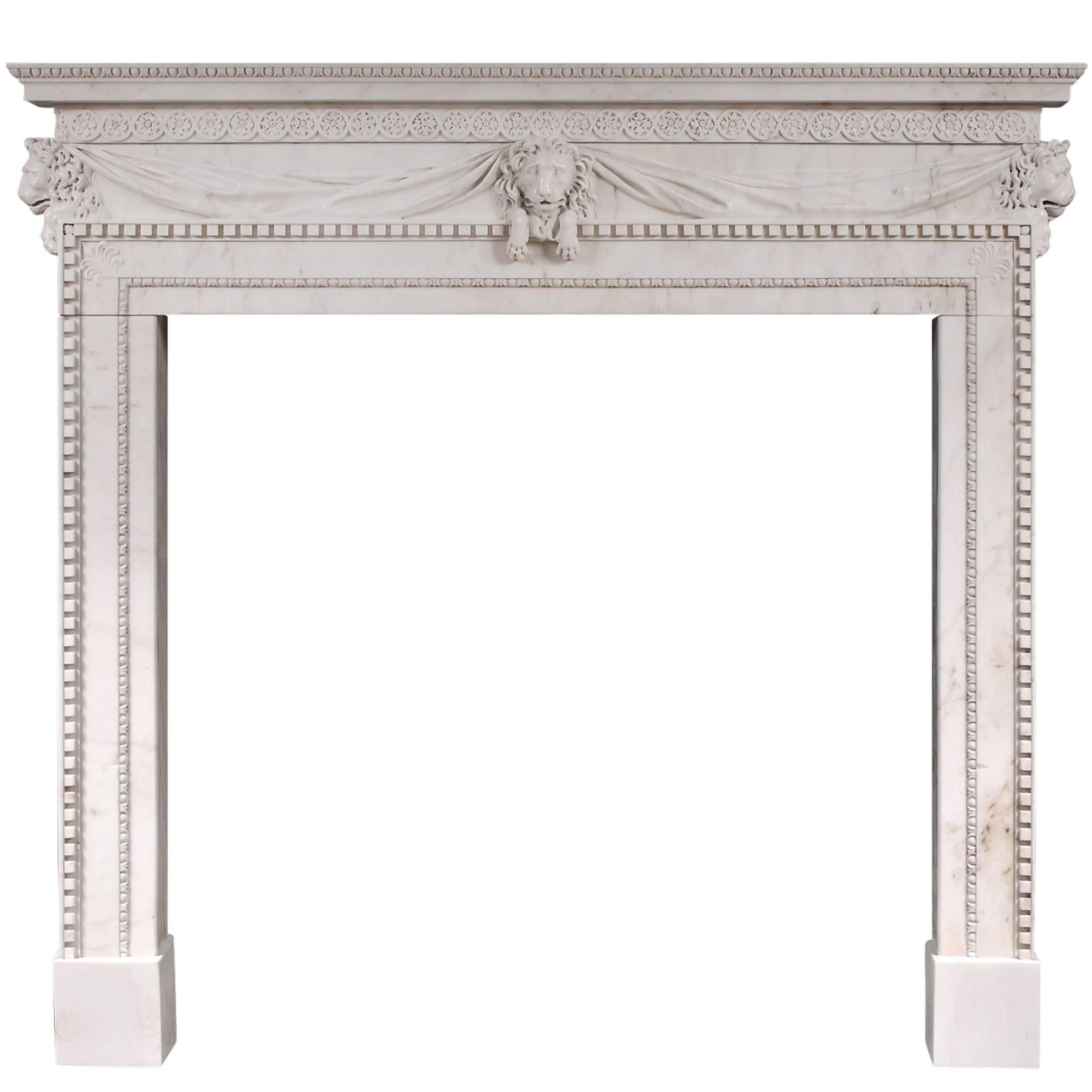 White Marble Fireplace with Carved Lion's Mask