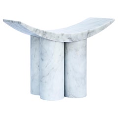 Curved Seat Three Cylindrical Legs White Marble Stool by Pietro Franceschini