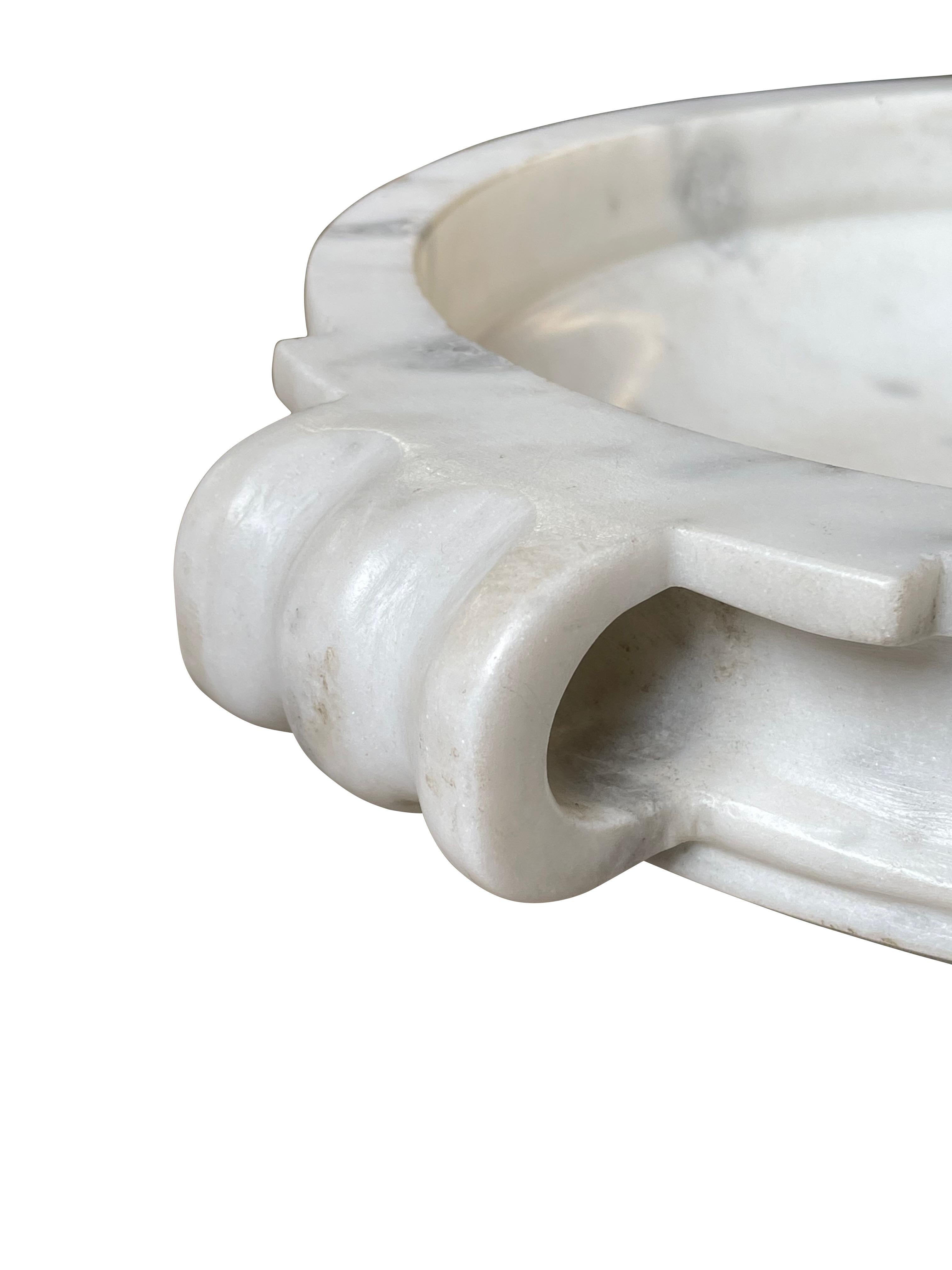 Contemporary Indian two handle smooth marble bowl.
Honed finish.
Two available and sold individually.
