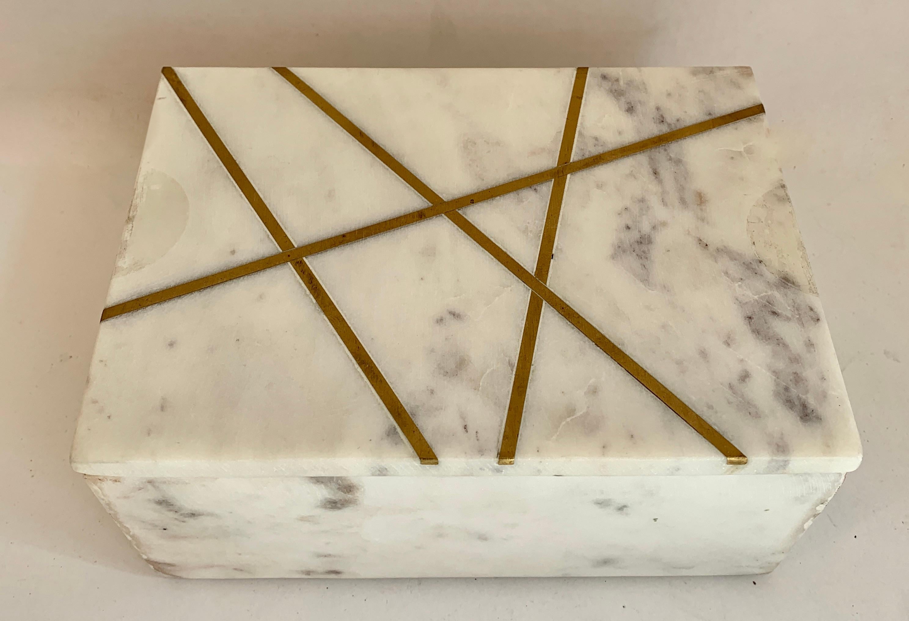 White Marble Italian Lidded Box with Brass Inlay In Good Condition In Los Angeles, CA