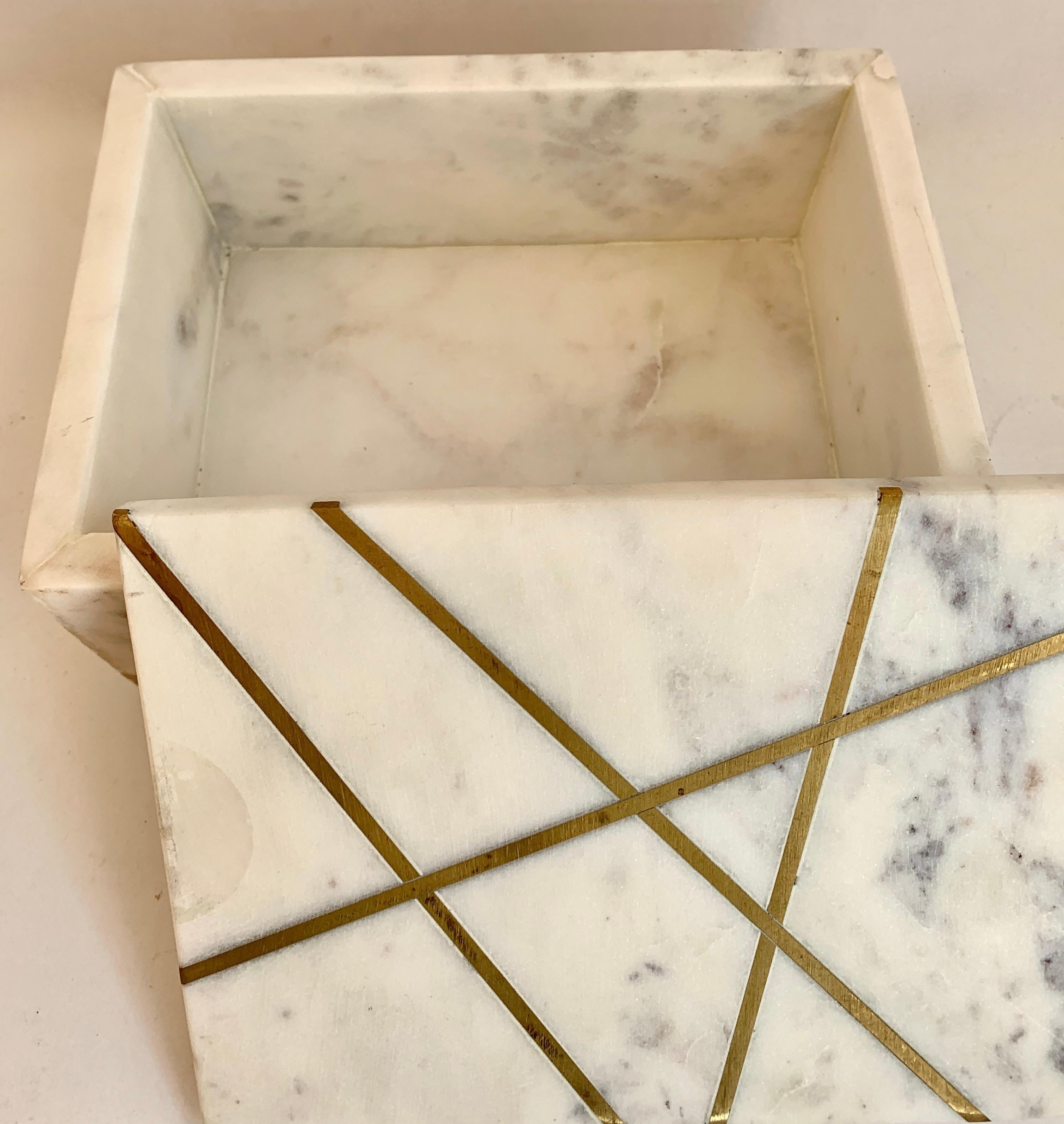 White Marble Italian Lidded Box with Brass Inlay 1