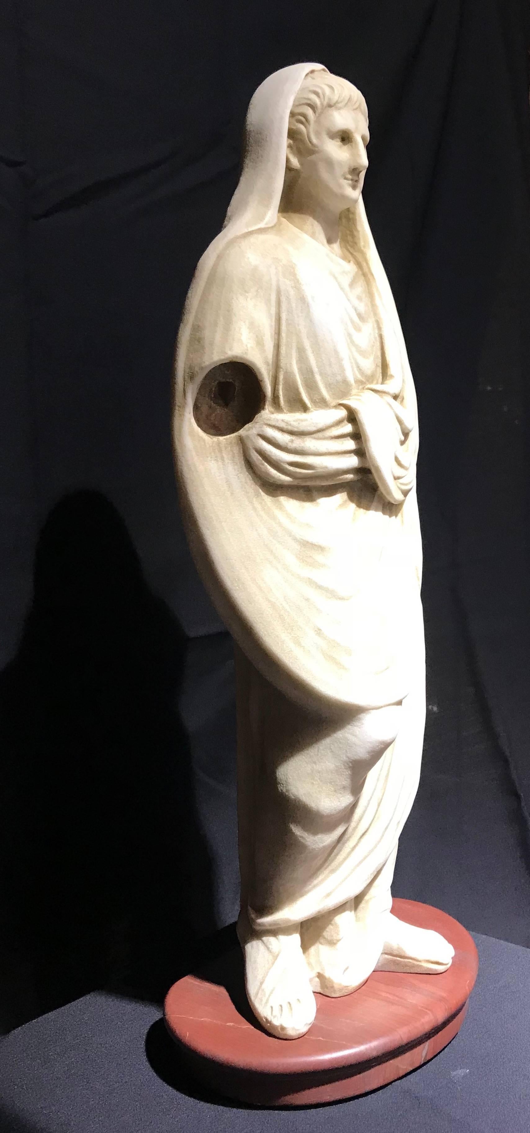 Hand-Carved White Marble Italian Sculpture Classical Roman of Augustus Pontifex Maximus