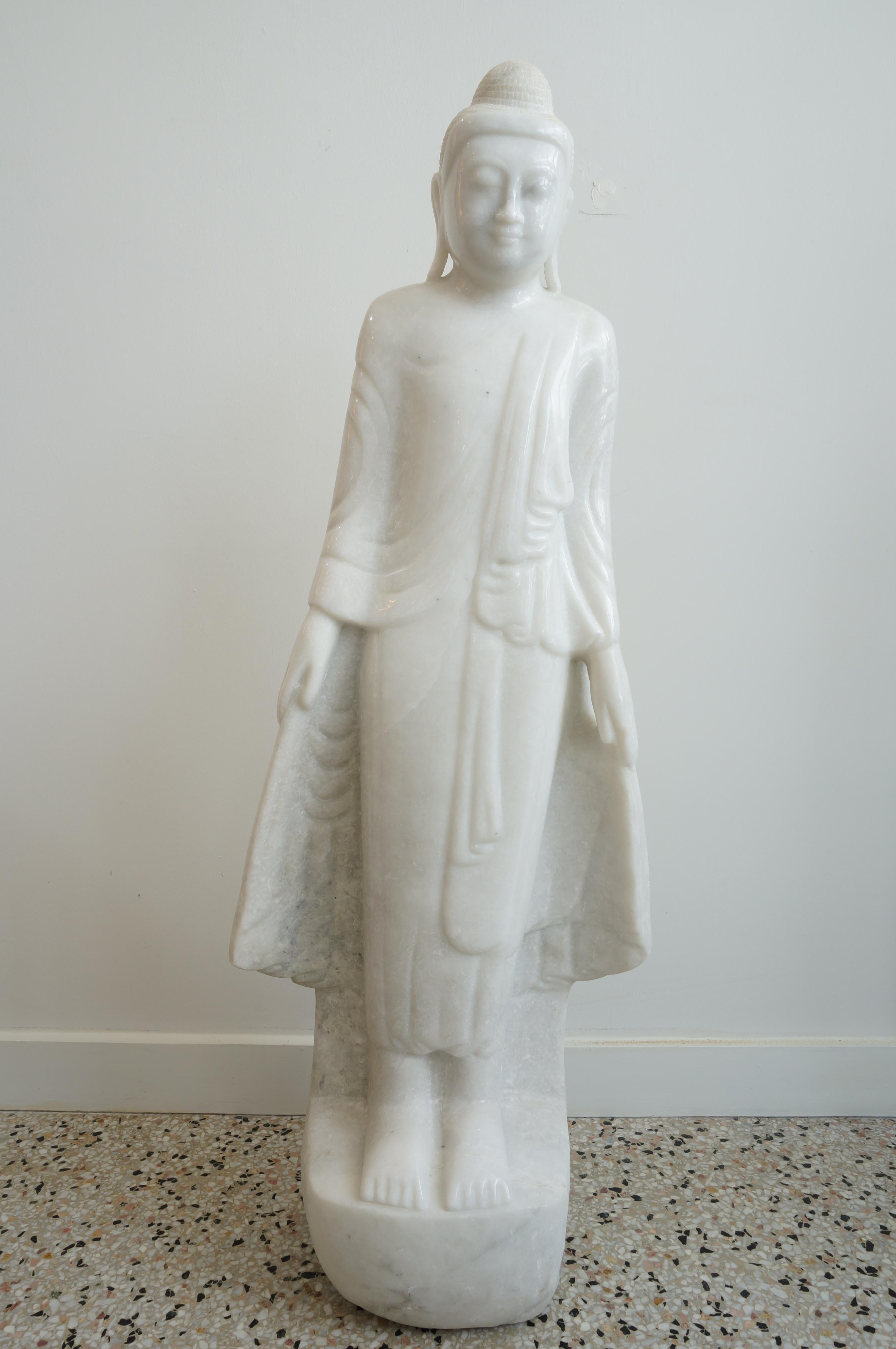 This beautiful hand-carved white marble sculpture depicts a Mandalay style Burmese Buddha and it was acquired from a Palm Beach estate. 

Note: We are not certain of the age of the piece.

 