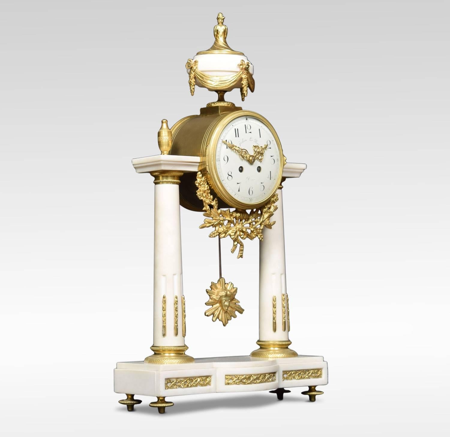 19th century French white marble portico clock. The French cylinder eight day movement striking on a bell, with white enamel 5.5 inch dial and black Arabic numerals. The movement has been fully serviced and is in full working condition. The marble